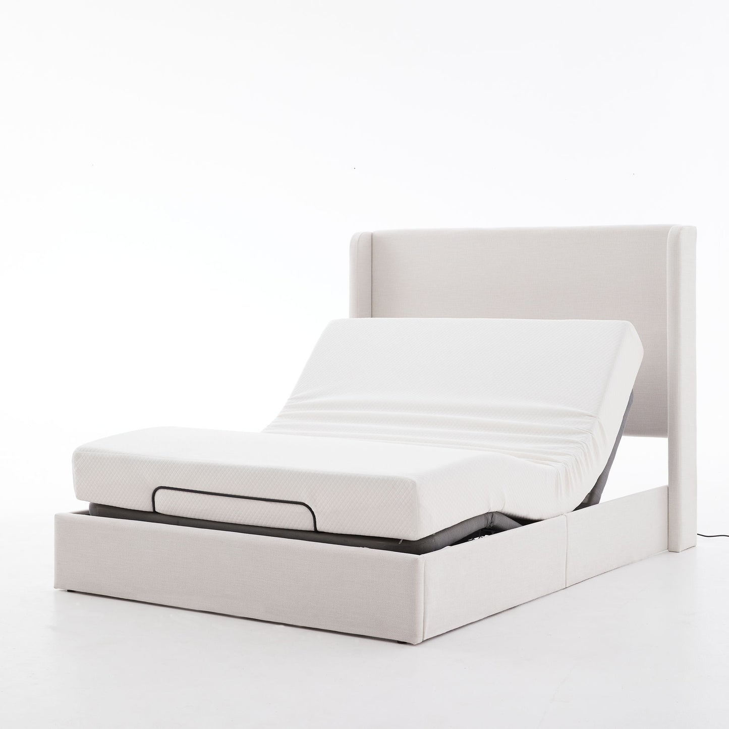 Caron - Queen Size Upholstered Wingback Bed With Adjustable Base Bundle Set - Ivory