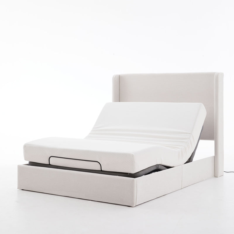 Caron - Queen Size Upholstered Wingback Bed With Adjustable Base Bundle Set - Ivory