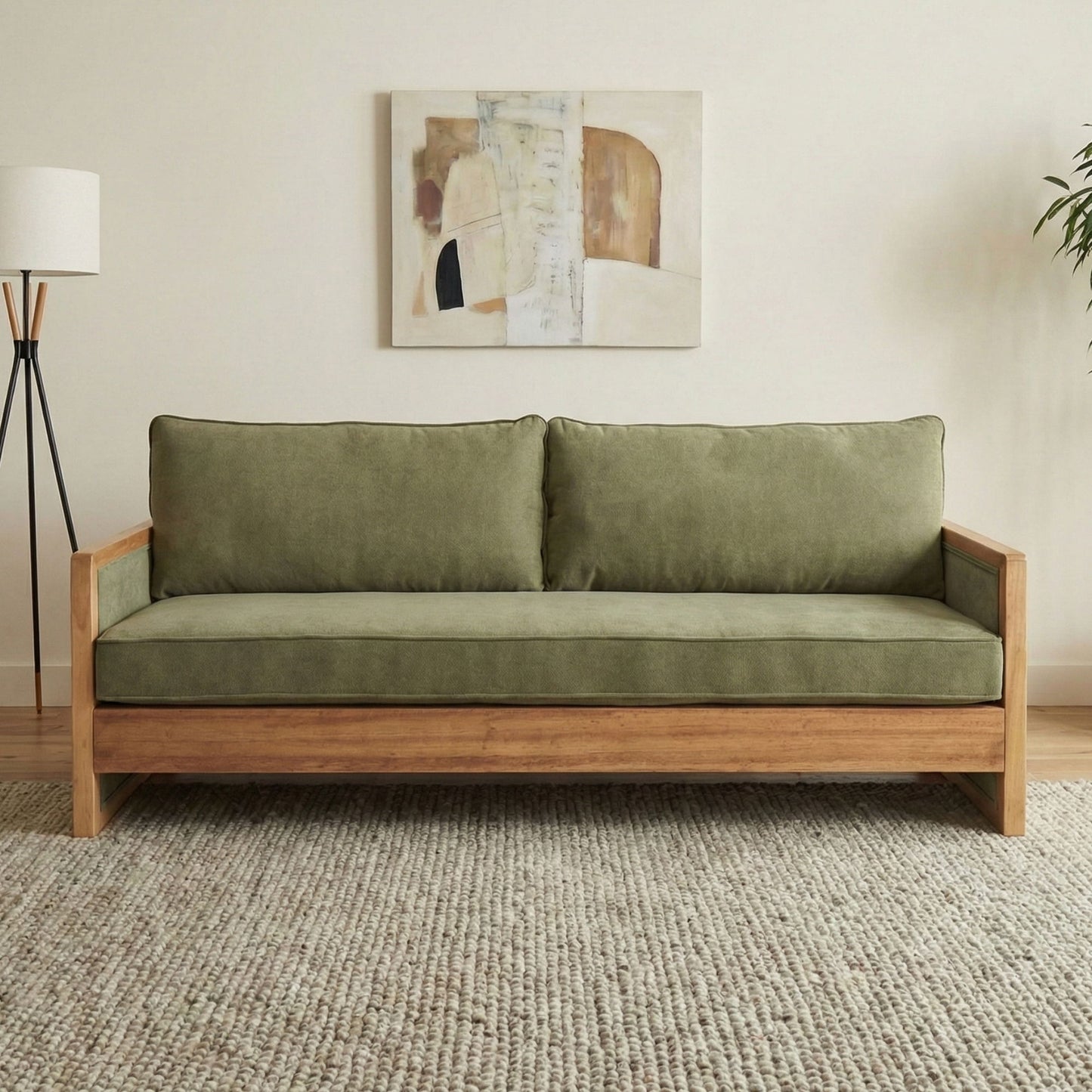 Modern 3 Seater Sofa With Wood Armrests