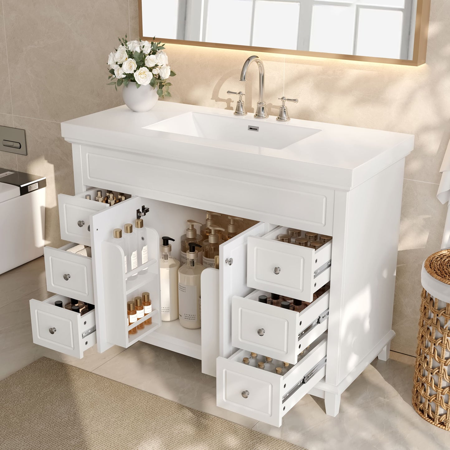 Bathroom Vanity & Sink, 6 Soft Close Drawers & Double Doors - White