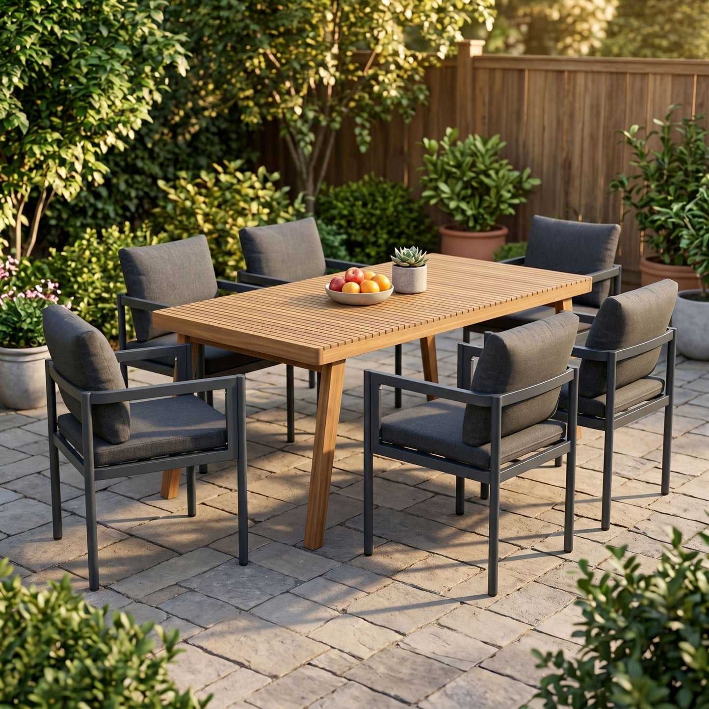 7 Piece Outdoor Patio Dining Set With Table & Chairs With Cushions - Brown / Gray