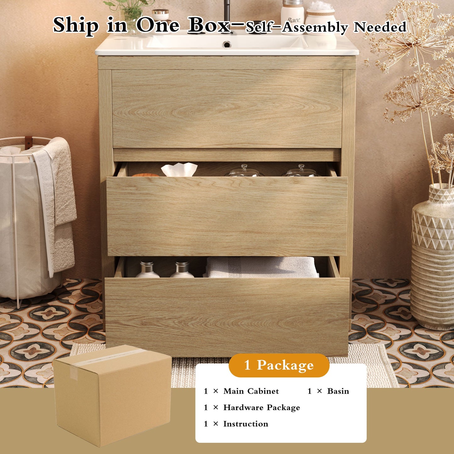 Freestanding Bathroom Vanity With Ceramic Sink, 2 Full Extension Drawers