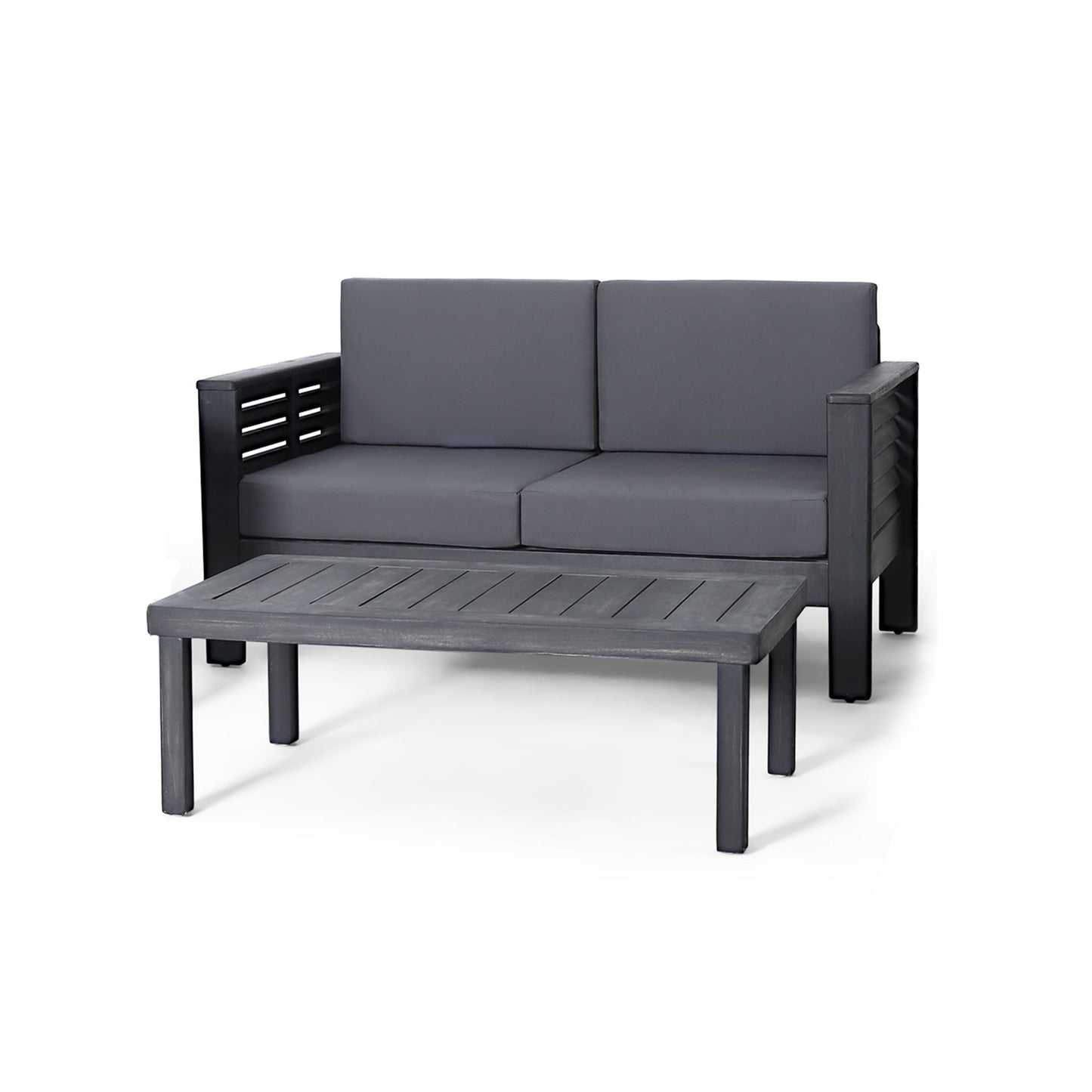 Acacia Wood Loveseat And Coffee Table Set With Cushions
