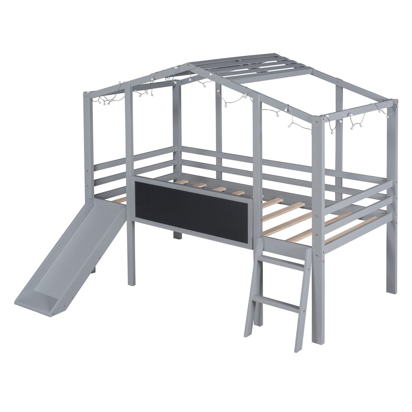 Loft House Bed With Ladder And Slide, With board And Light Strip On The Roof