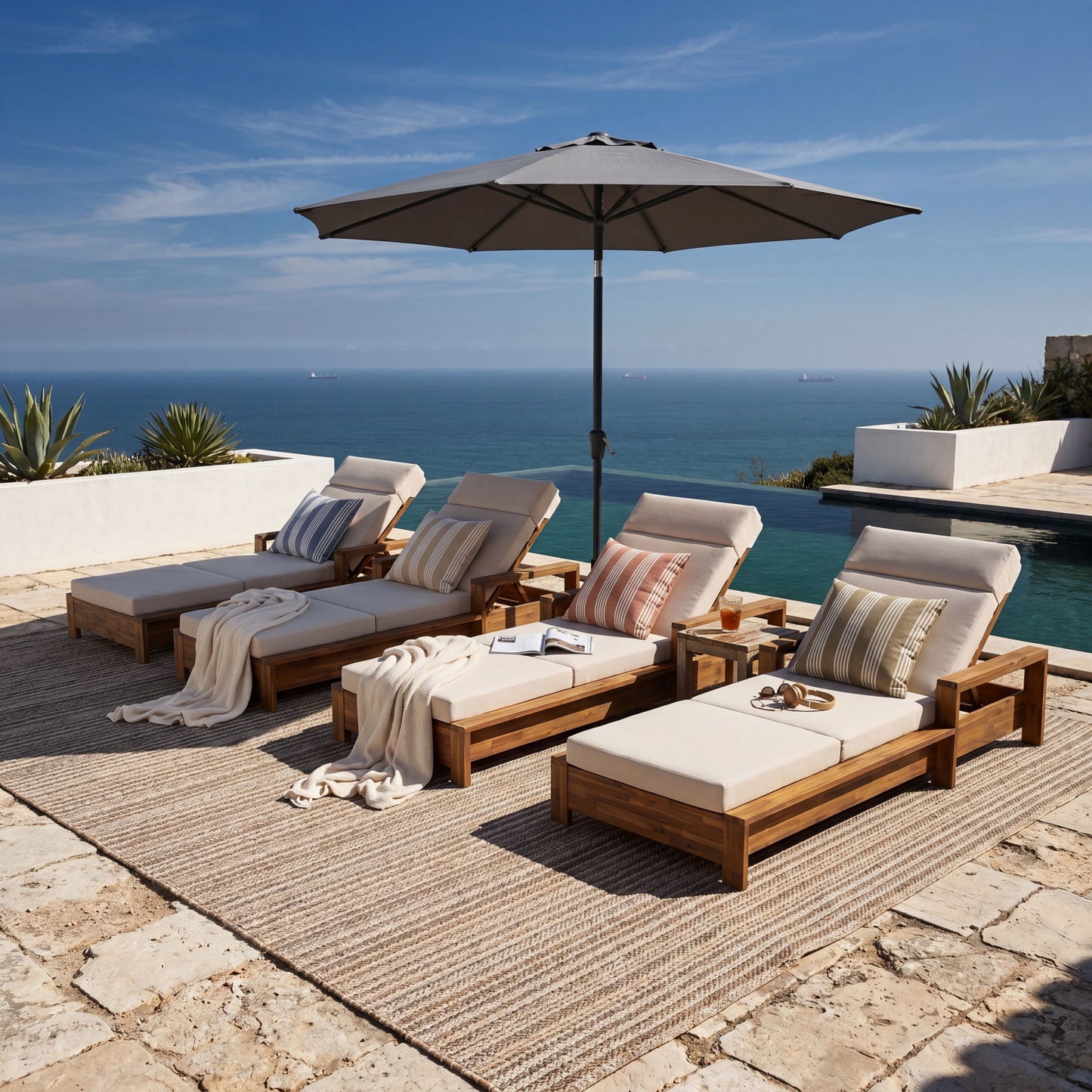 Chaise Lounge Set With 4 Fold Cushion And Built In Headrest, 3 Position Adjustable, For Patio Pool - Cream / Teak