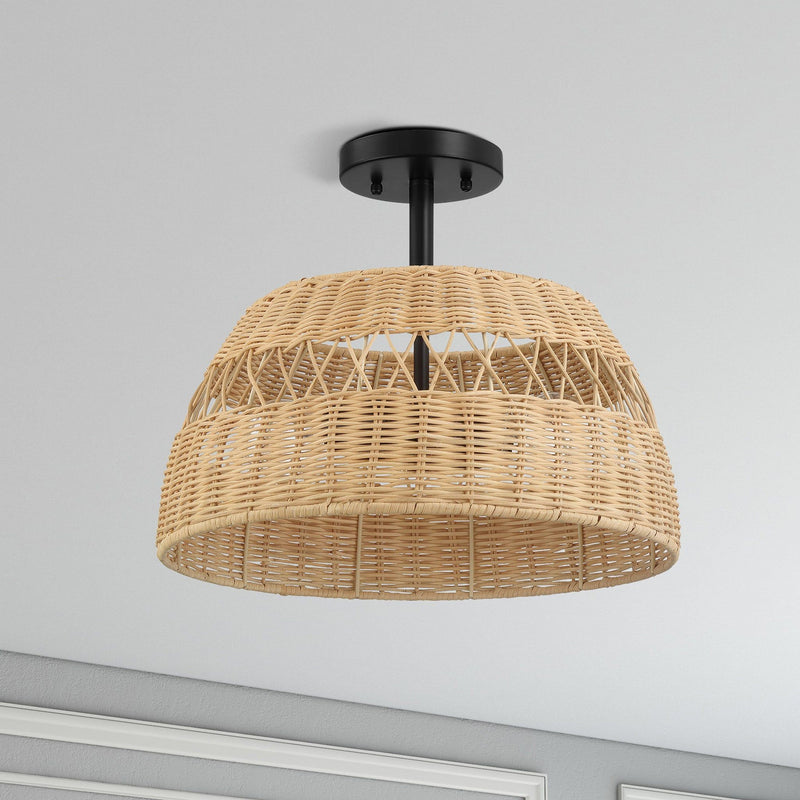 Twinkle - Double Lights Semi Flush With Shade - Black / Rattan