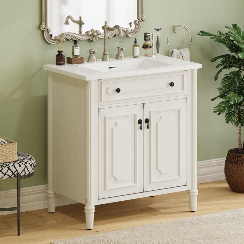 Tocador de baño vintage con lavabo, mueble rústico con puertas de cierre suave