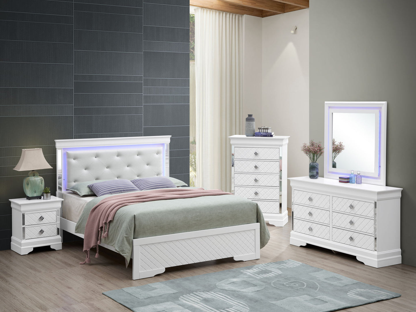 Bed With LED Light Accents Headboard