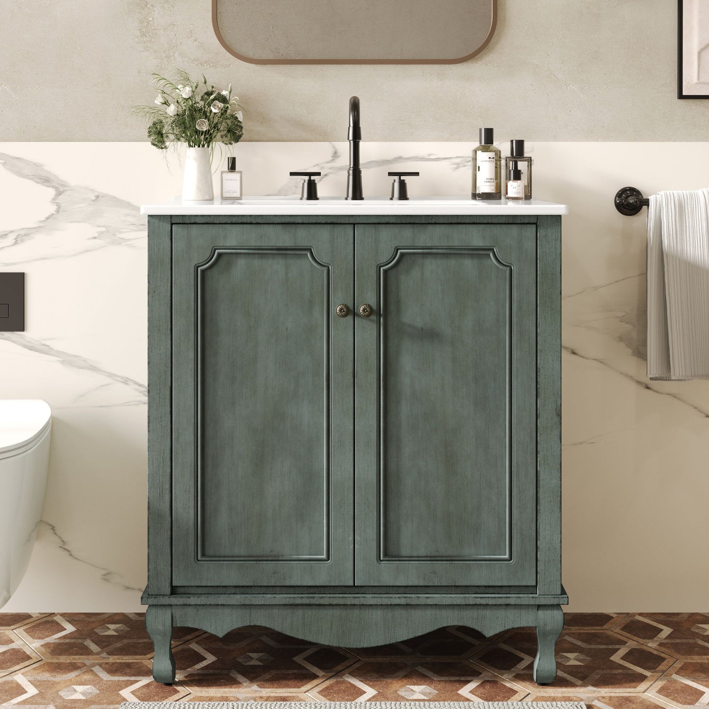 Vintage Bathroom Vanity With Ceramic Sink, Adjustable Shelves