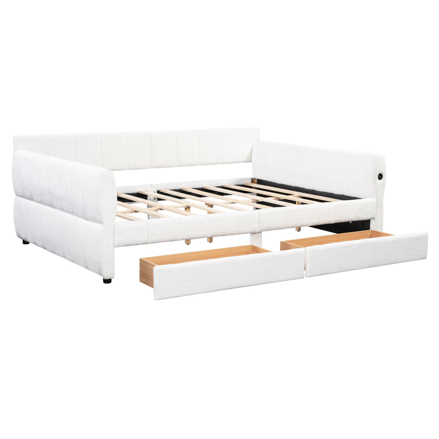 Queen Upholstered Platform Bed With USB Charging And 2 Storage Drawers - White