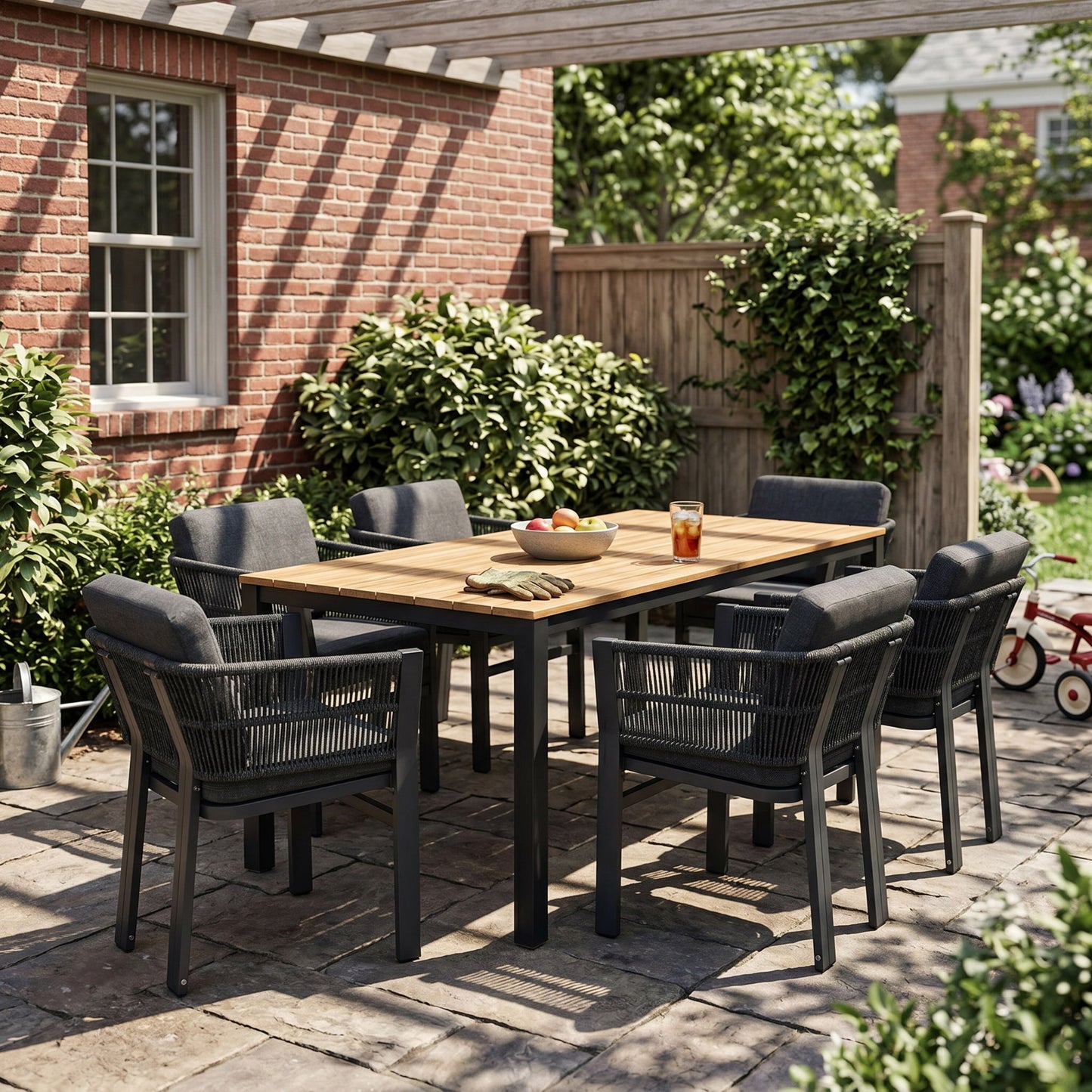 7 Piece Outdoor Dining Set With Table And 6 Chairs - Black / Teak / Gray