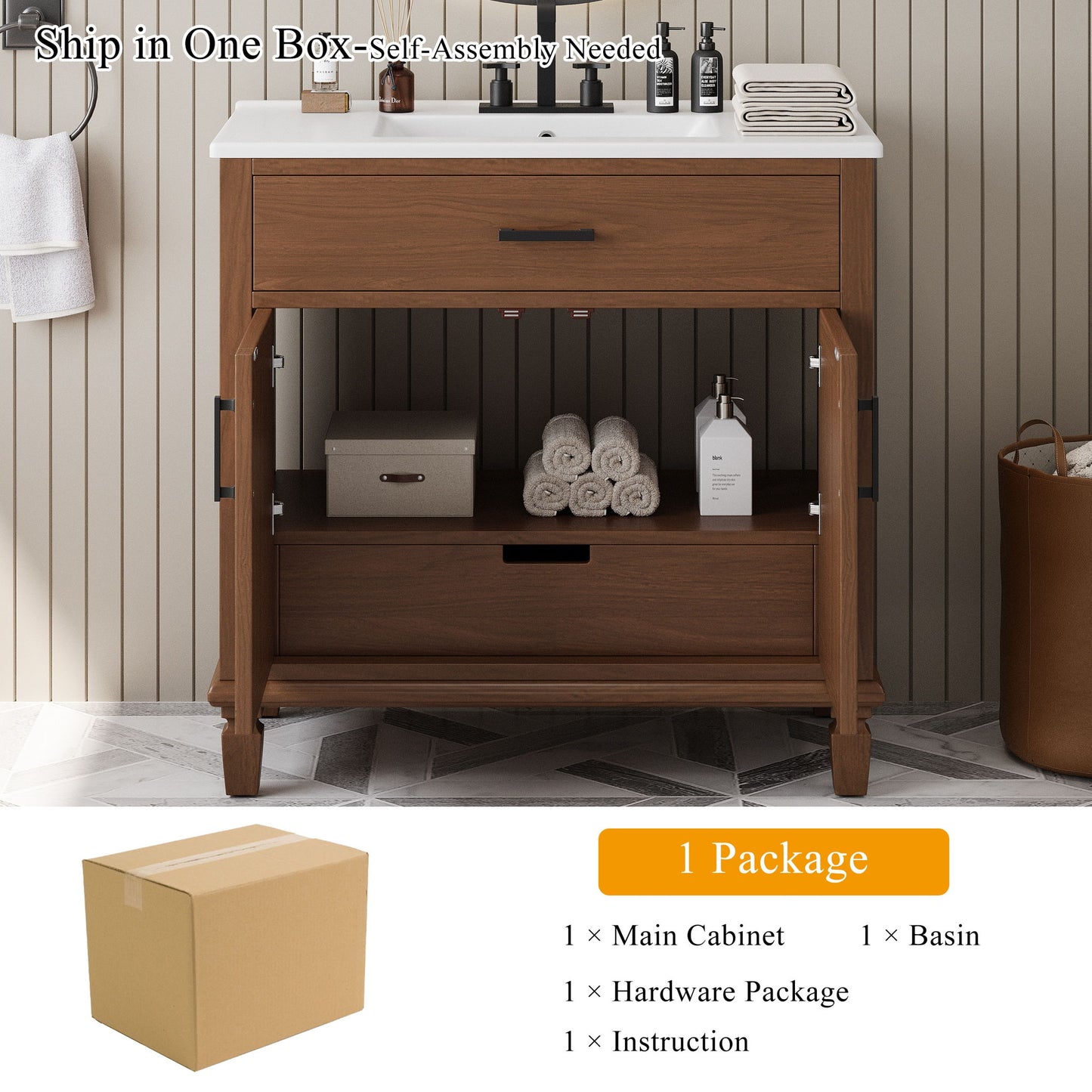 Bathroom Vanity With Ceramic Sink, Modern Free Standing Cabinet With Soft Close Drawers