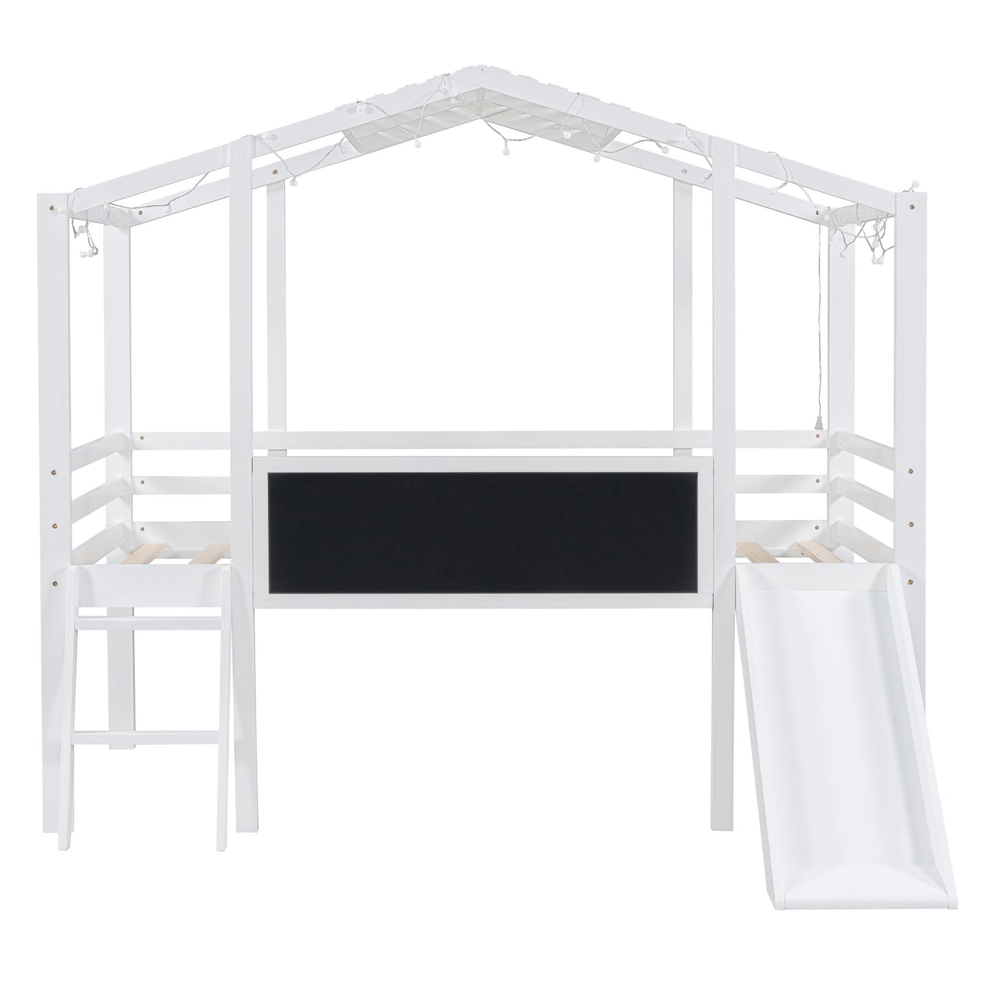 Loft House Bed With Ladder And Slide, With board And Light Strip On The Roof
