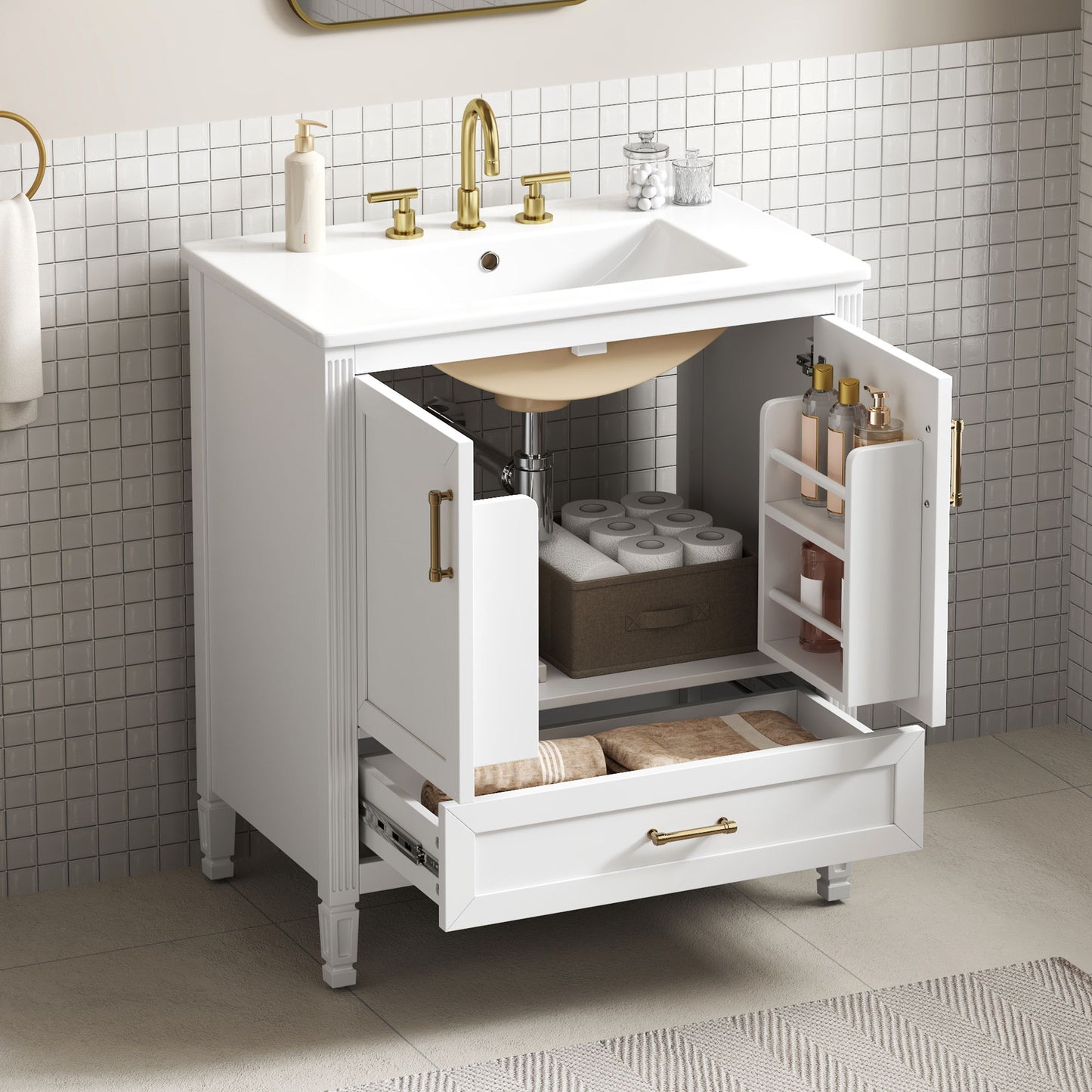 Elegant Fluted Bathroom Vanity With Sink, Soft Close Doors & Drawer