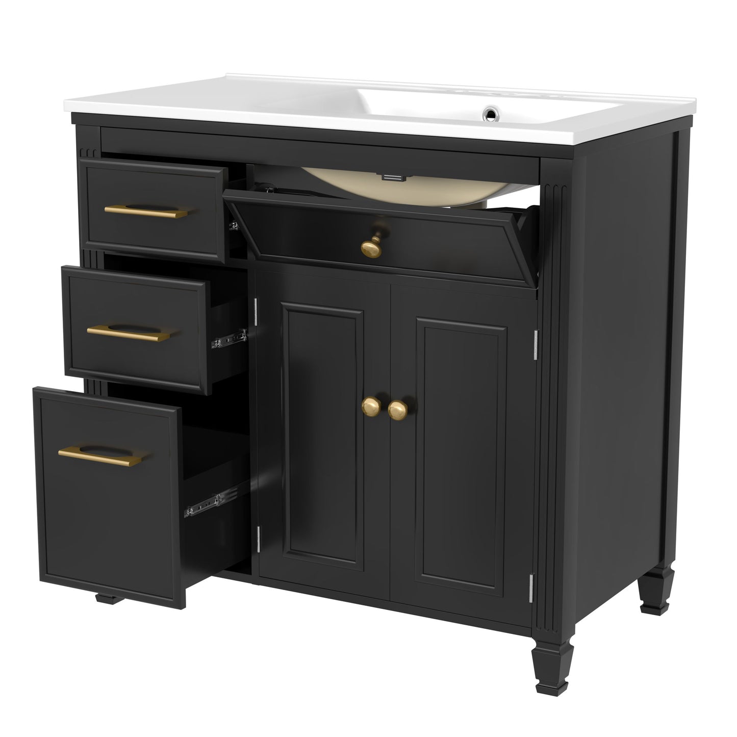 Bathroom Vanity With Sink, 1 Tip Out Drawer, 3 Side Drawers, Adjustable Shelf