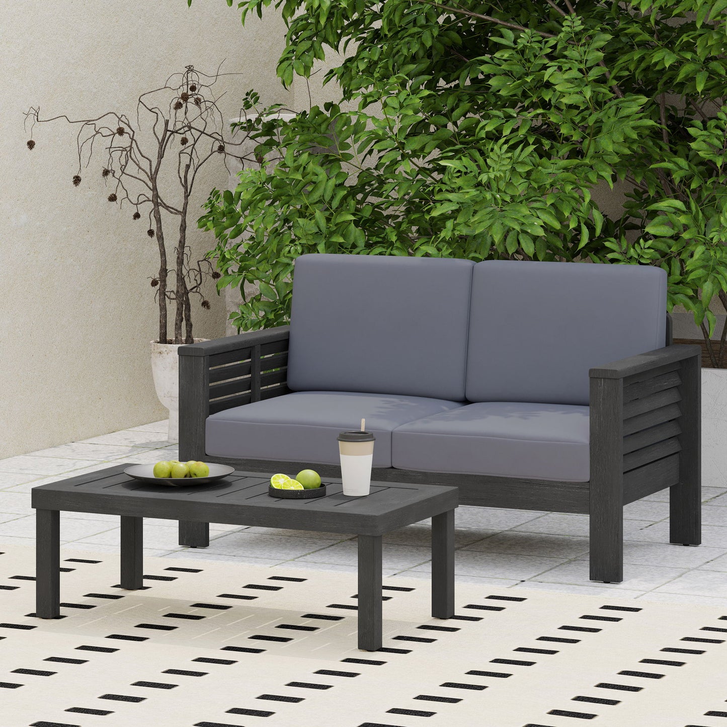 Acacia Wood Loveseat And Coffee Table Set With Cushions