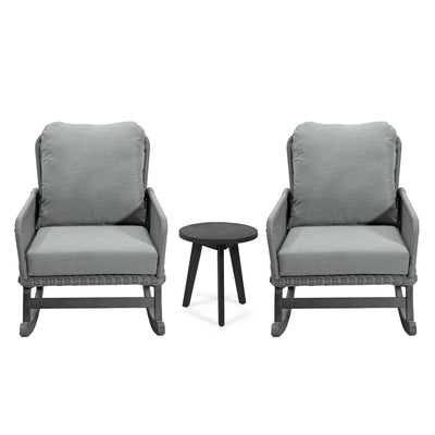 Modern 3 Piece Outdoor Seating Set With Cushioned Rattan Rocking Chairs And Wooden Accent Table