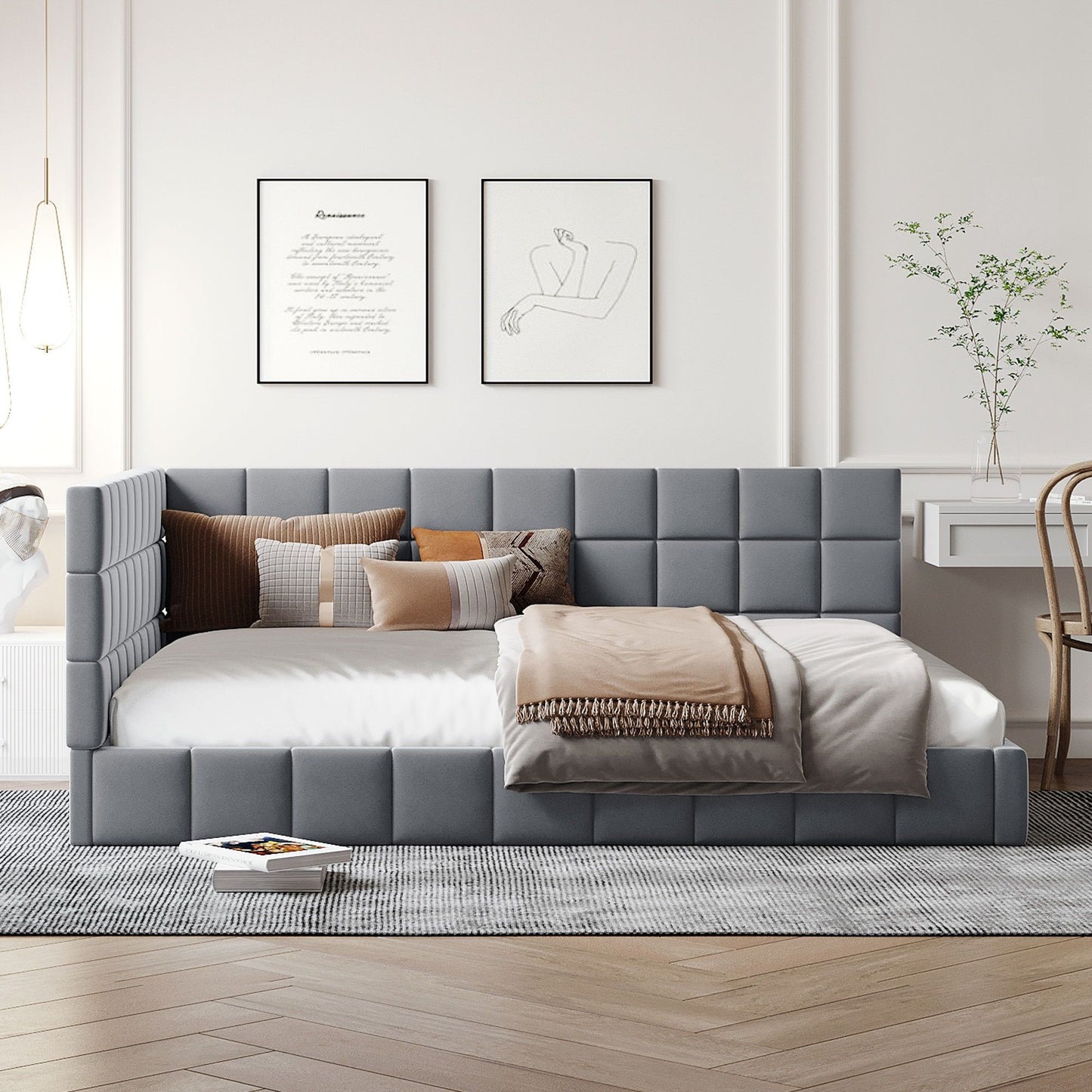 Full Size Upholstered Classic Daybed / Sofa Bed Frame, Elegant Design - Gray