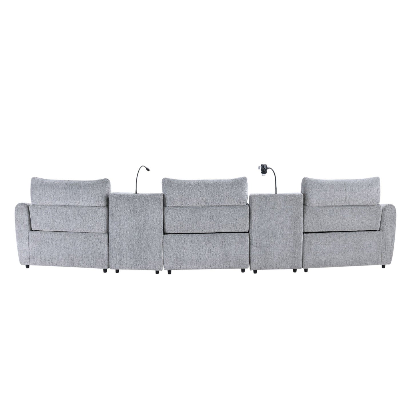 Fullar - Modular Power Motion Sectional Sofa With Console, 2 Wireless Chargers, 4 Cupholders, And 2 Speakers, 1 Phone Holder And 1 Reading Light, Adjustable Headrest - Light Gray