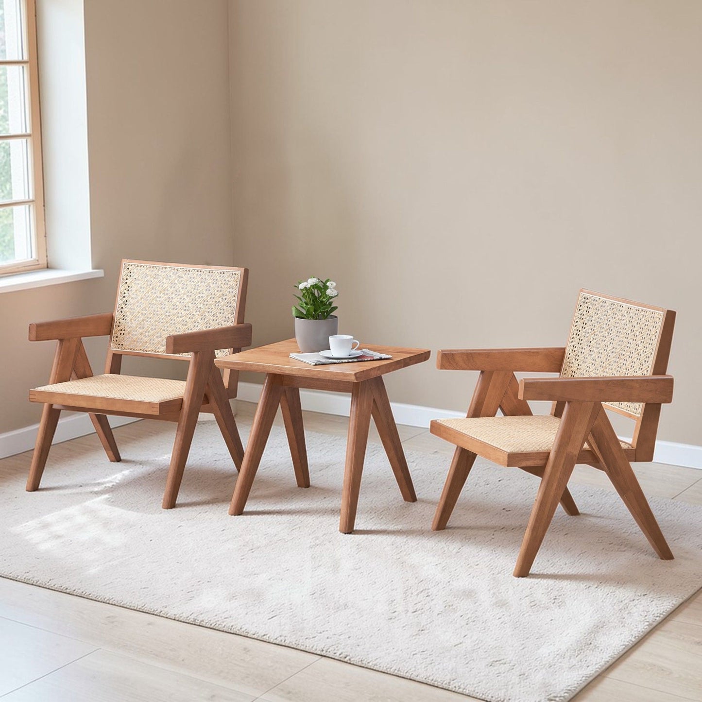 3 Piece Accent Chair Set And Matching End Table For Living Room - Natural