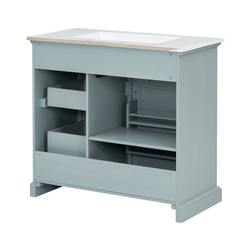 Bathroom Vanity With Ceramic Sink, Freestanding Design, 2 Tip Out Drawers, Soft Close Hinges - Gray