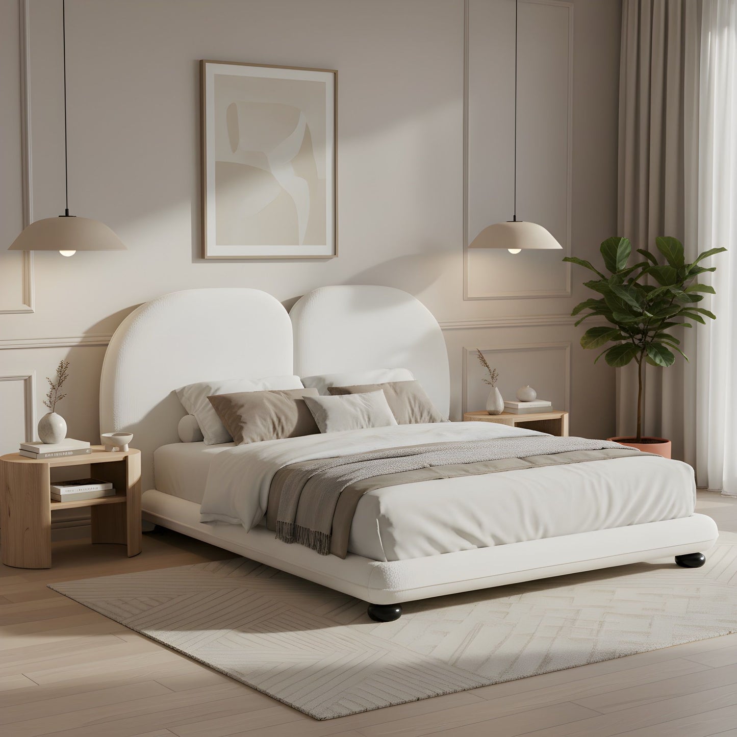 Queen Size Upholstered Platform Bed Frame With Split Headboard - White