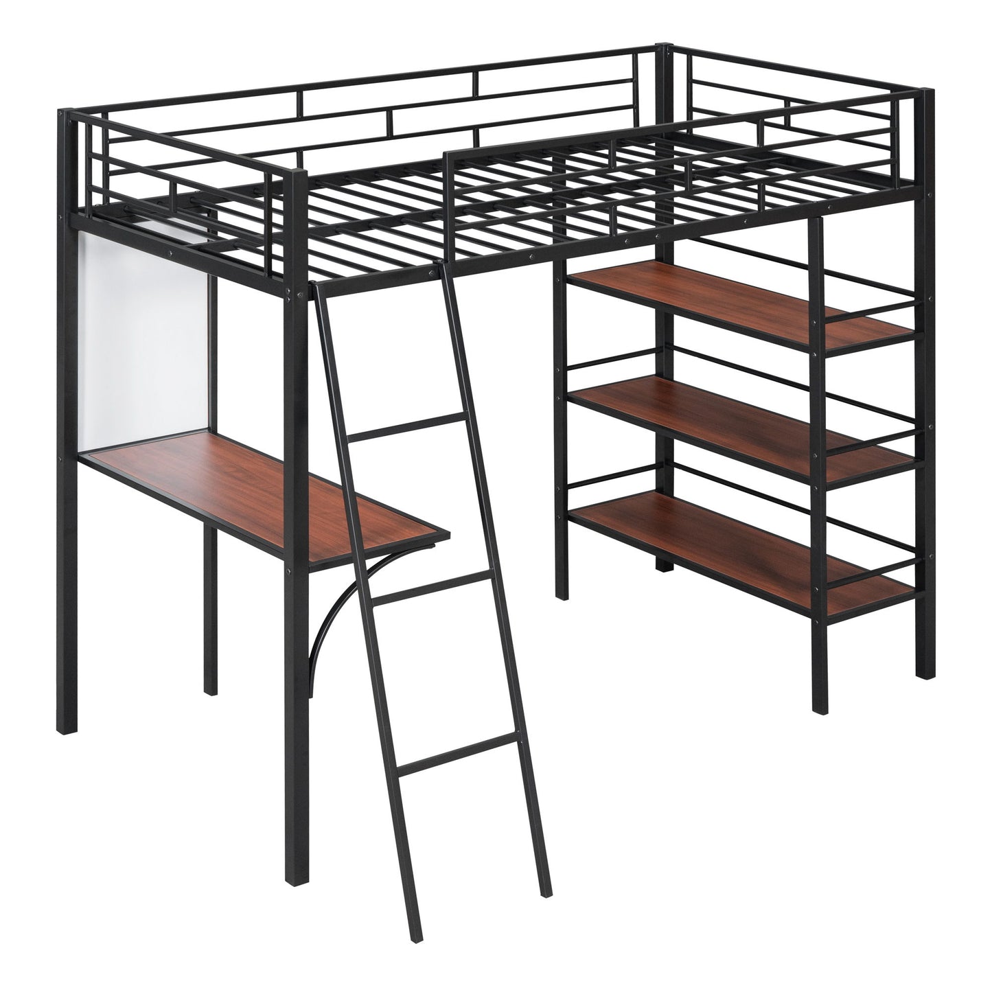Loft Metal Bed With 3 Layers Of Shelves And Desk, Stylish Metal Frame Bed With board