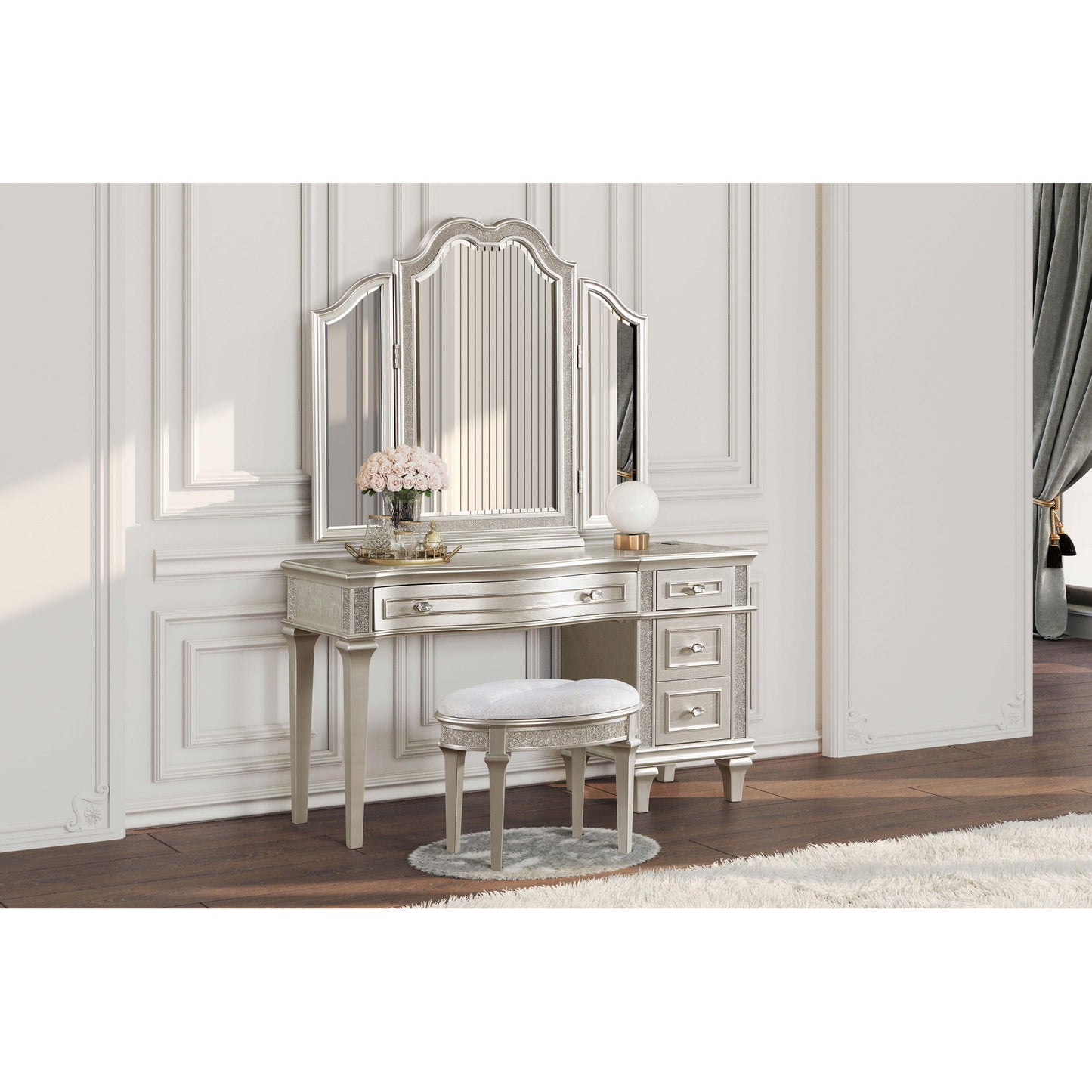 Colwood - Upholstered Oval Vanity Stool With Glitter Trim Seat - Silver Gray