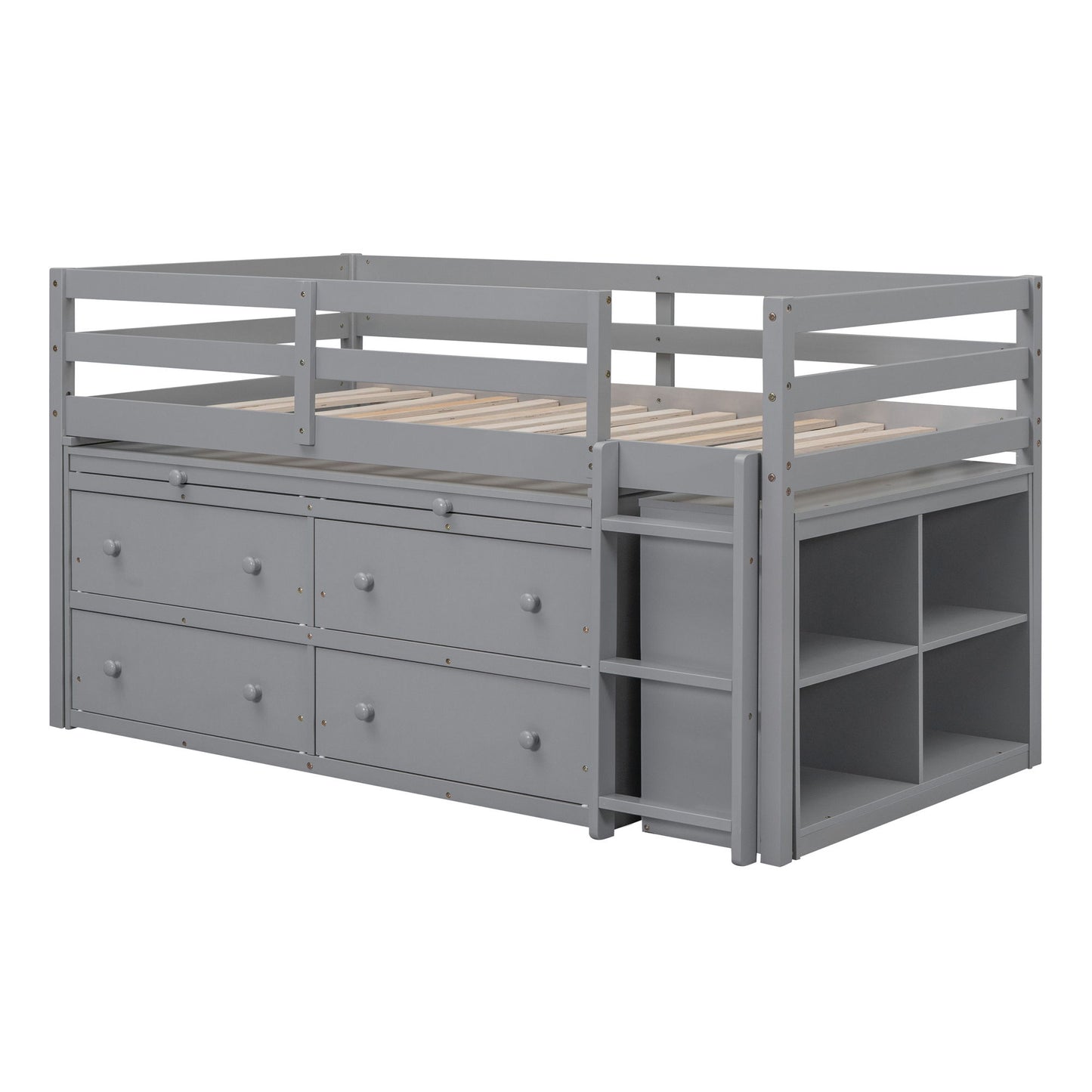 Loft Bed With Retractable Writing Desk And 4 Drawers, With Lateral Portable Desk And Shelves