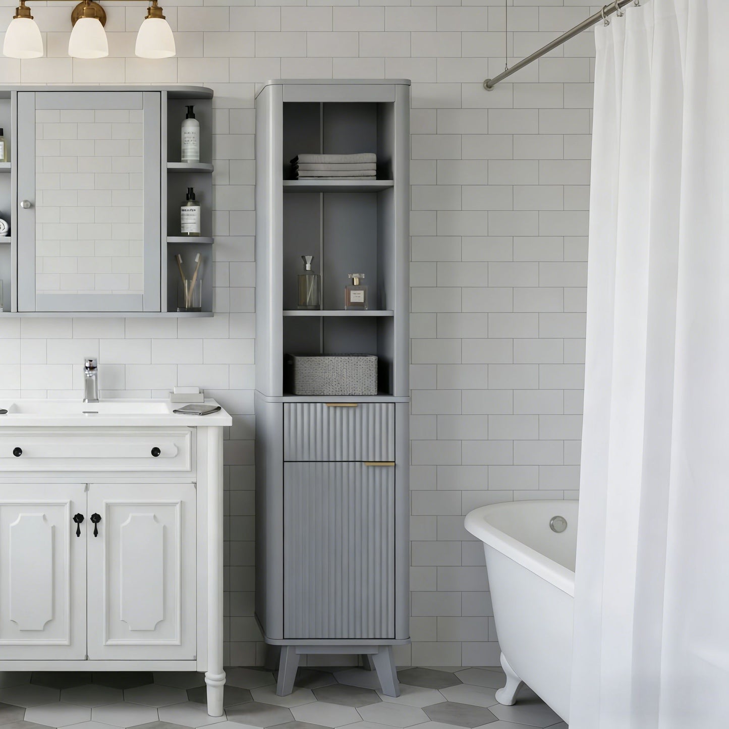 Tall Bathroom Storage Cabinet With Adjustable Shelves And 1 Drawer & Door