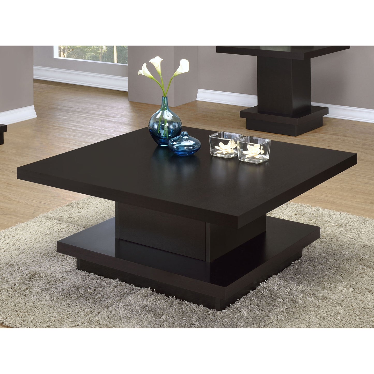 Square Coffee Table With Geometric Design And Storage Shelf - Cappuccino