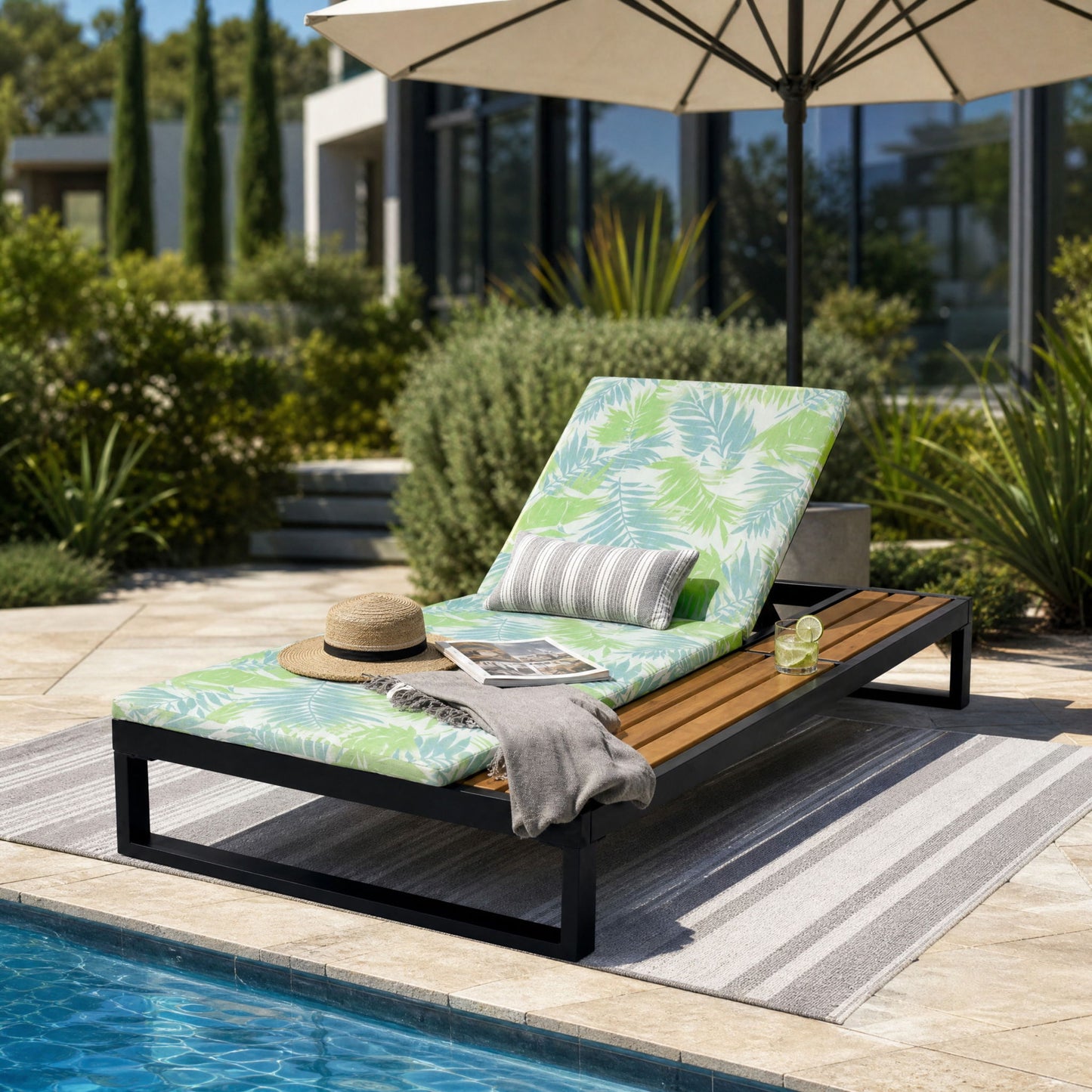 Chaise Lounge Set, 5 Position Adjustable, Flat Side Surface Storage