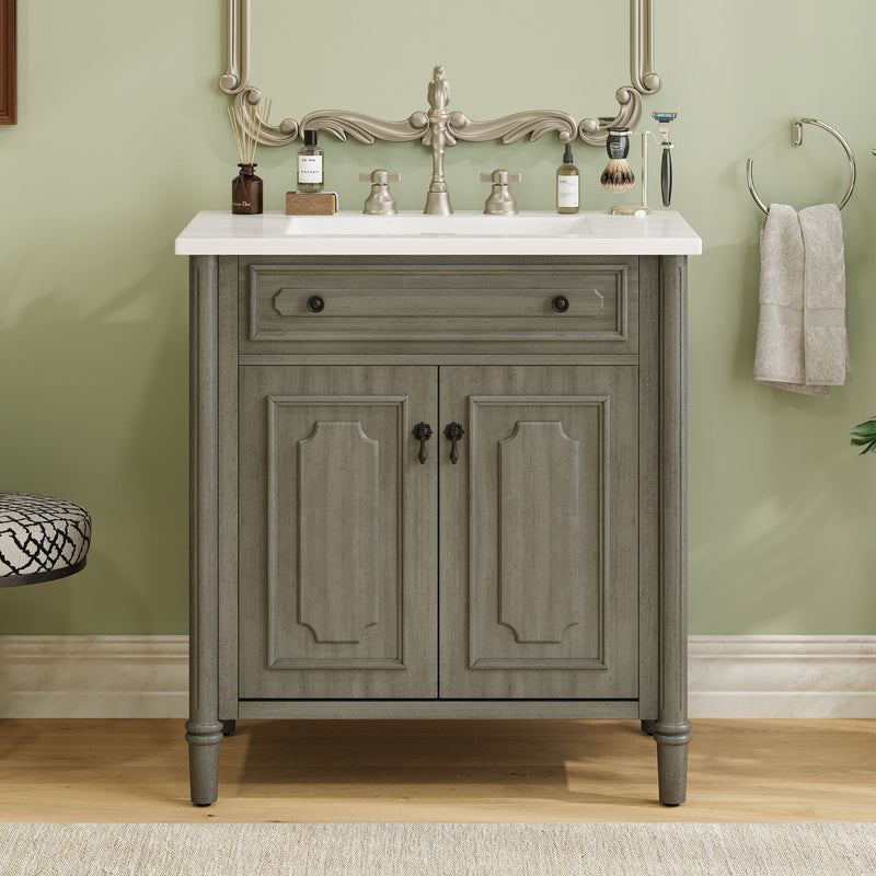 Tocador de baño vintage con lavabo, mueble rústico con puertas de cierre suave