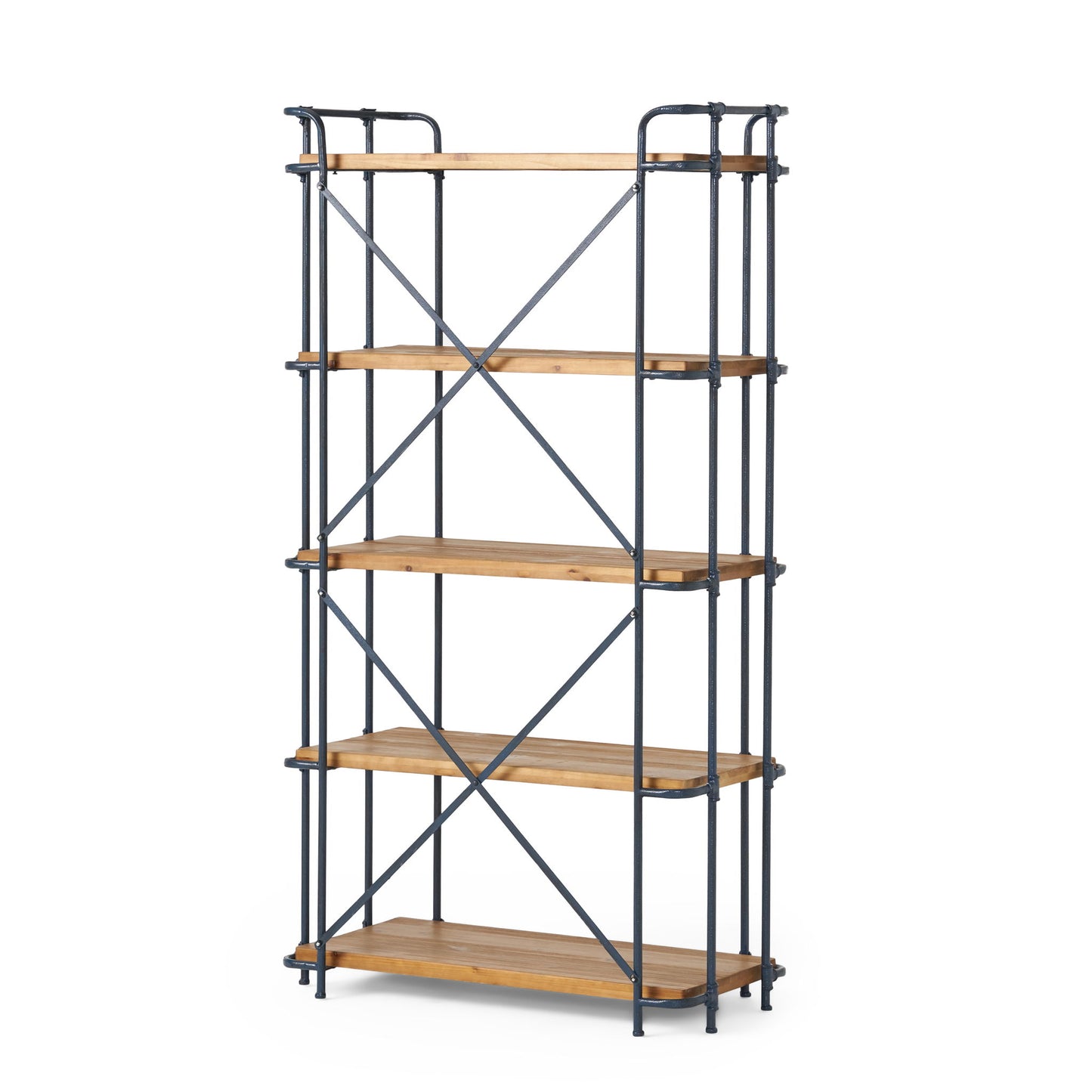Yorktown - Industrial 5 Shelf Bookcase With Metal Pipework And Solid Fir - Natural