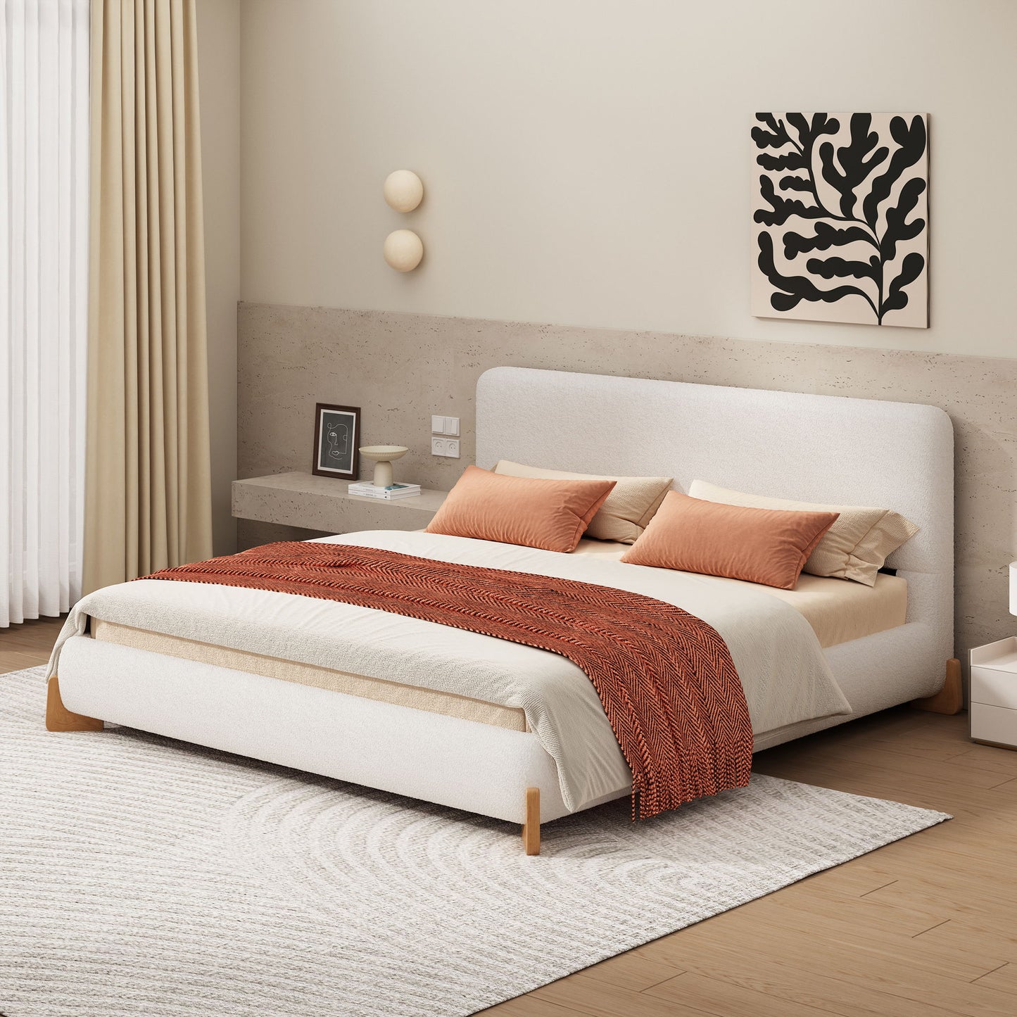 Queen Size Upholstered Bed With Slat Support - White