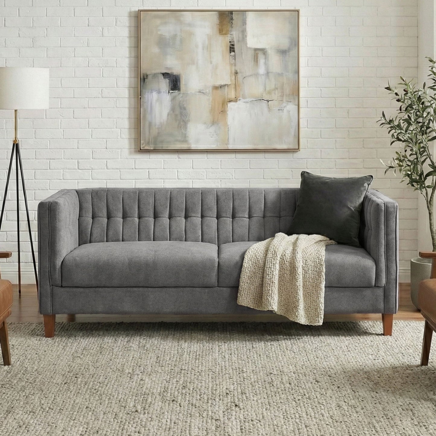 Modern 3 Seater Sofa, Upholstered Couch With Curved Armrests