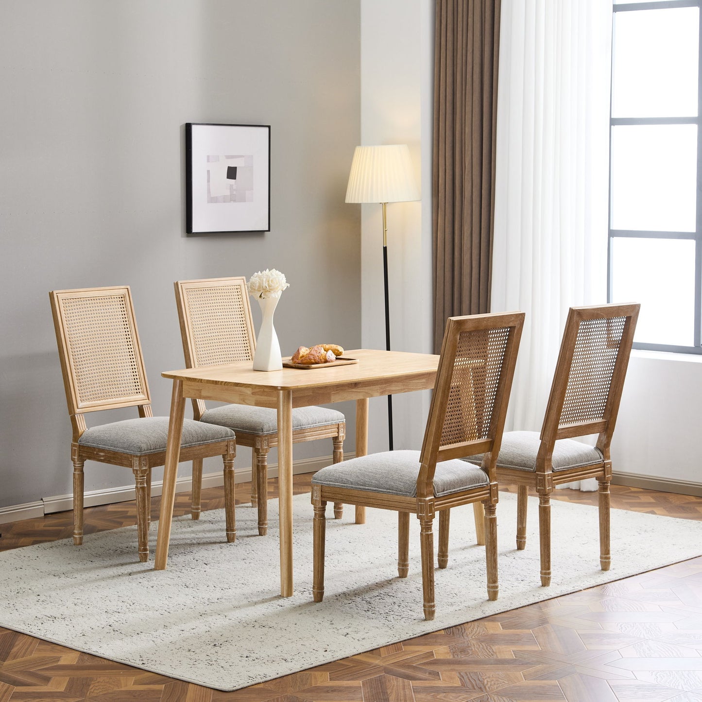 French Country Dining Chair With Rectangular Cane Backrest And Smooth Upholstered Seating