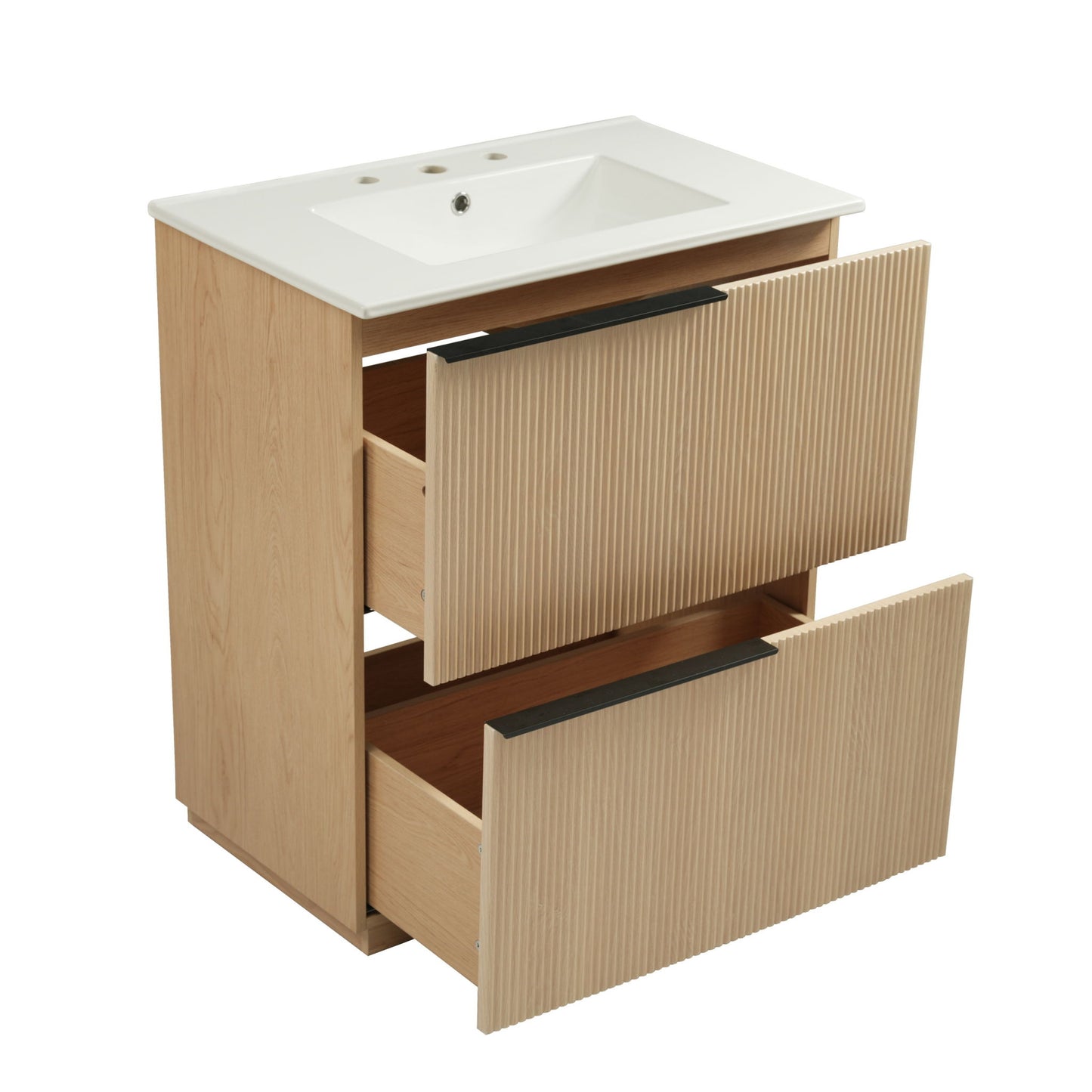 Fluted Bathroom Vanity With Ceramic Sink, Soft Close Slides