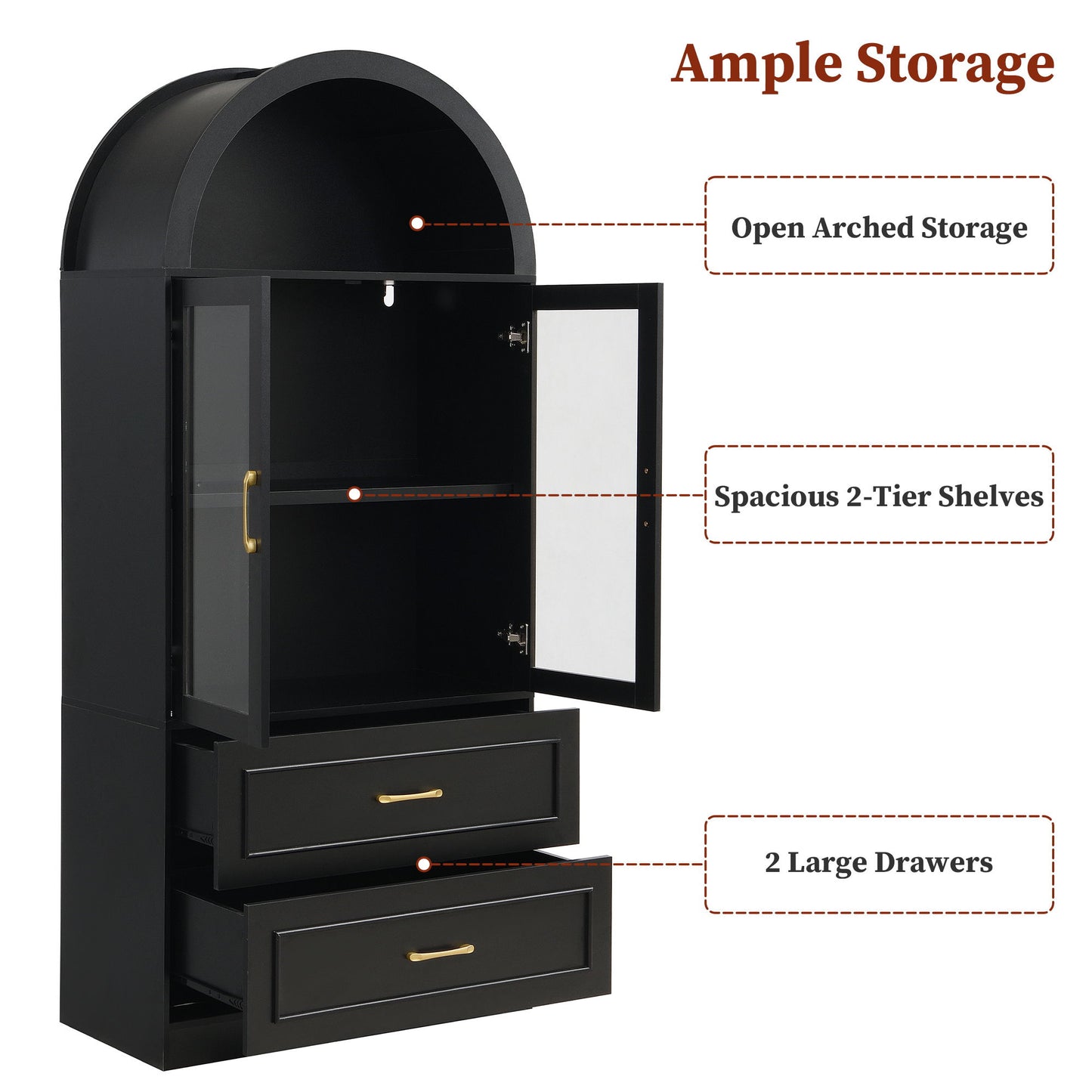 Arched Top Storage Cabinet With Fixed 2 Tier Shelves, 2 Large Drawers