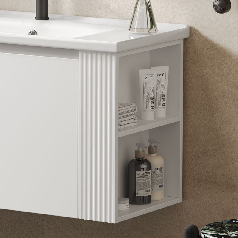 Wall Mounted Bathroom Vanity With Sink, 2 Open Shelves - White