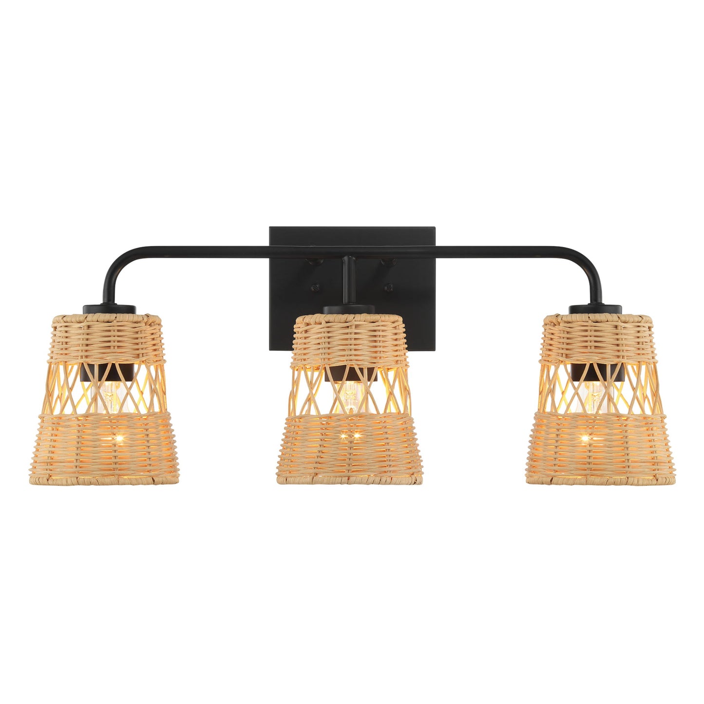 Moonlit - 3 Lights Wall Sconce With Shade, Bathroom Lighting Fixtures Over Mirror - Black / Rattan