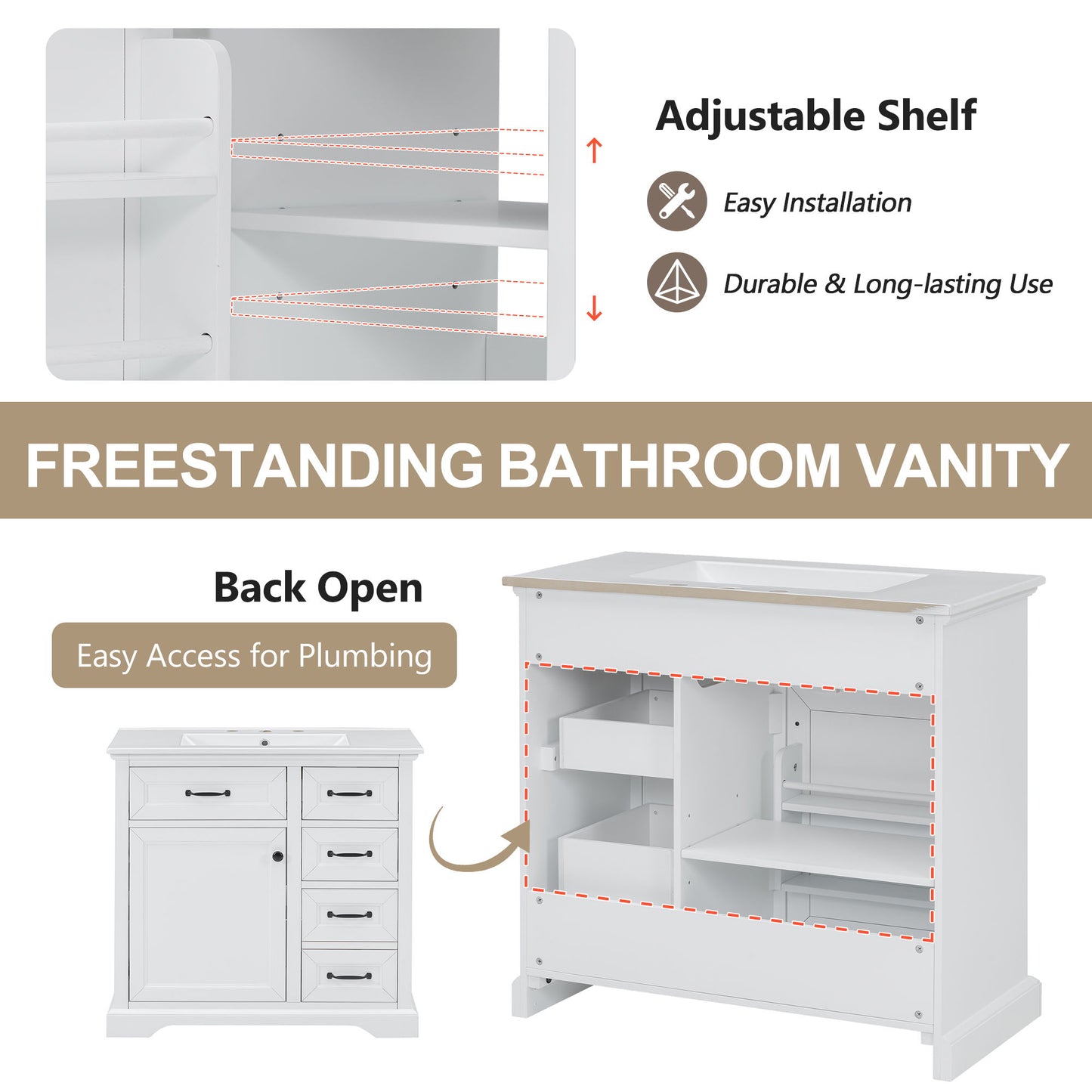36" Bathroom Vanity With Sink, 2 Tip-Out Drawers, Soft Close Hinges