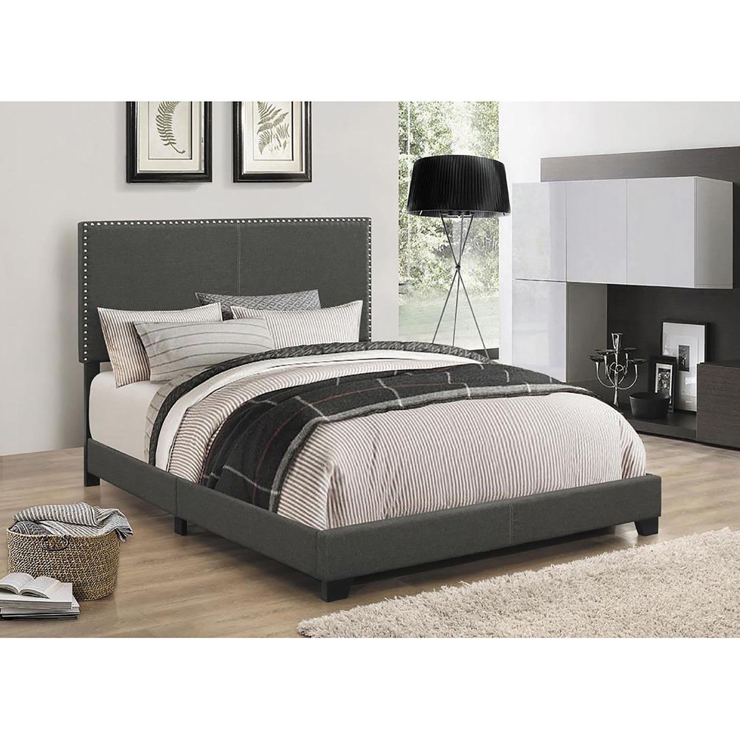 Upholstered Full Bed With Nailhead Trim - Charcoal