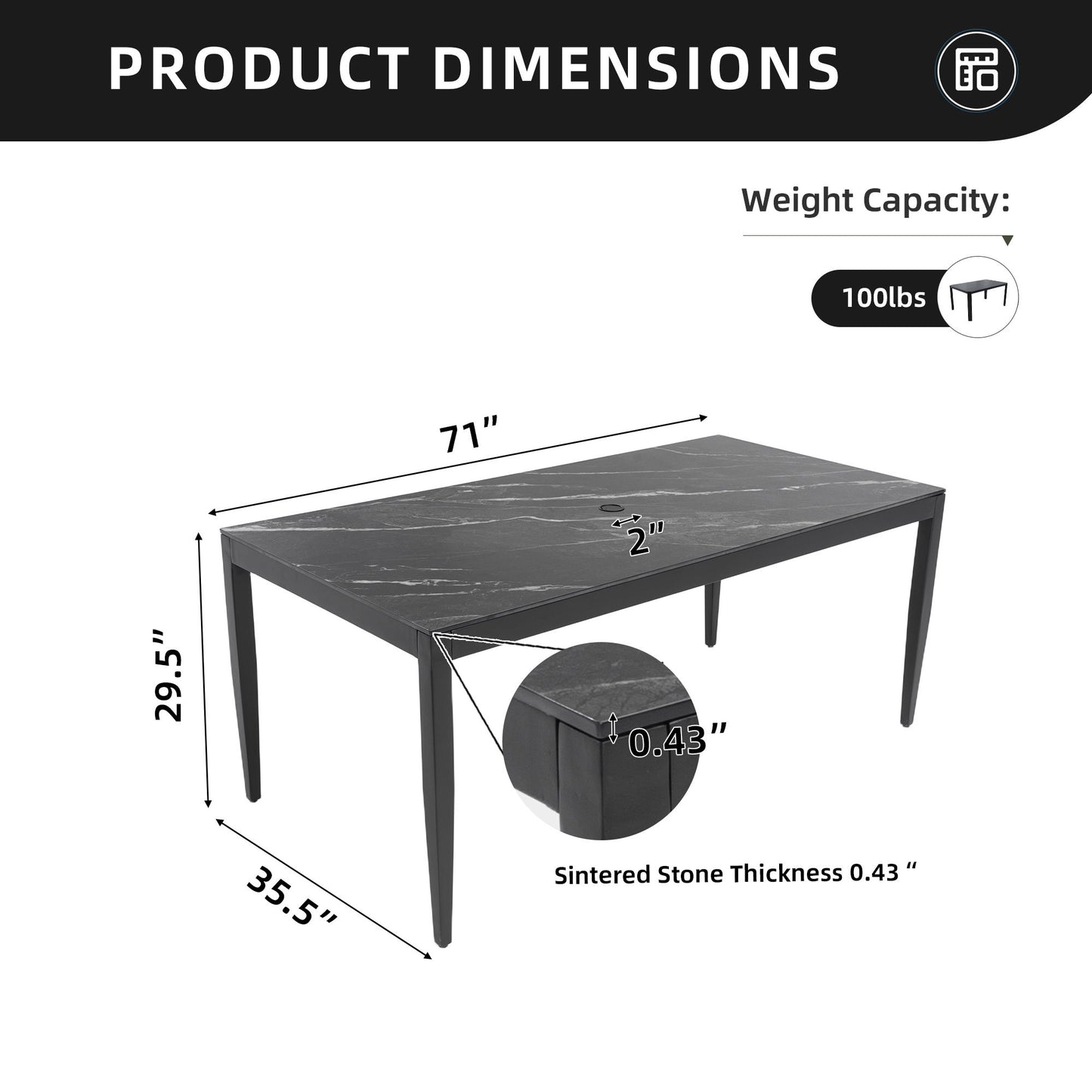 Outdoor Modern Patio Dining Table, Post Tapered Legs, Weatherproof & Rust Free