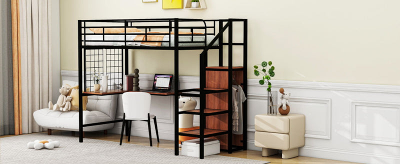 Twin Size Loft Bed With Desk And Grid, Storage Ladder And Wardrobe - Black