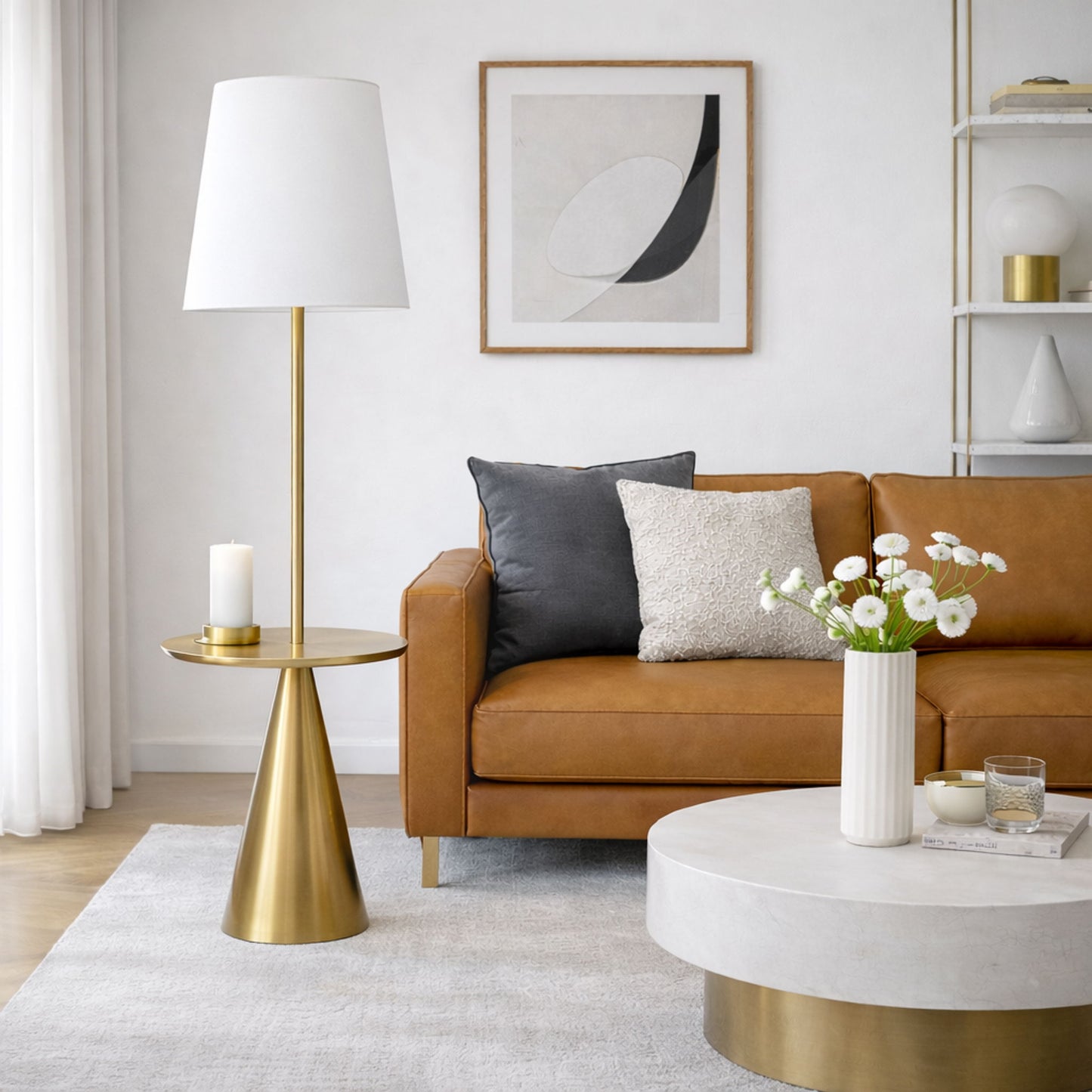 Celestial - Modern Floor Lamp With Accent Table With Large Shade - Gold / White
