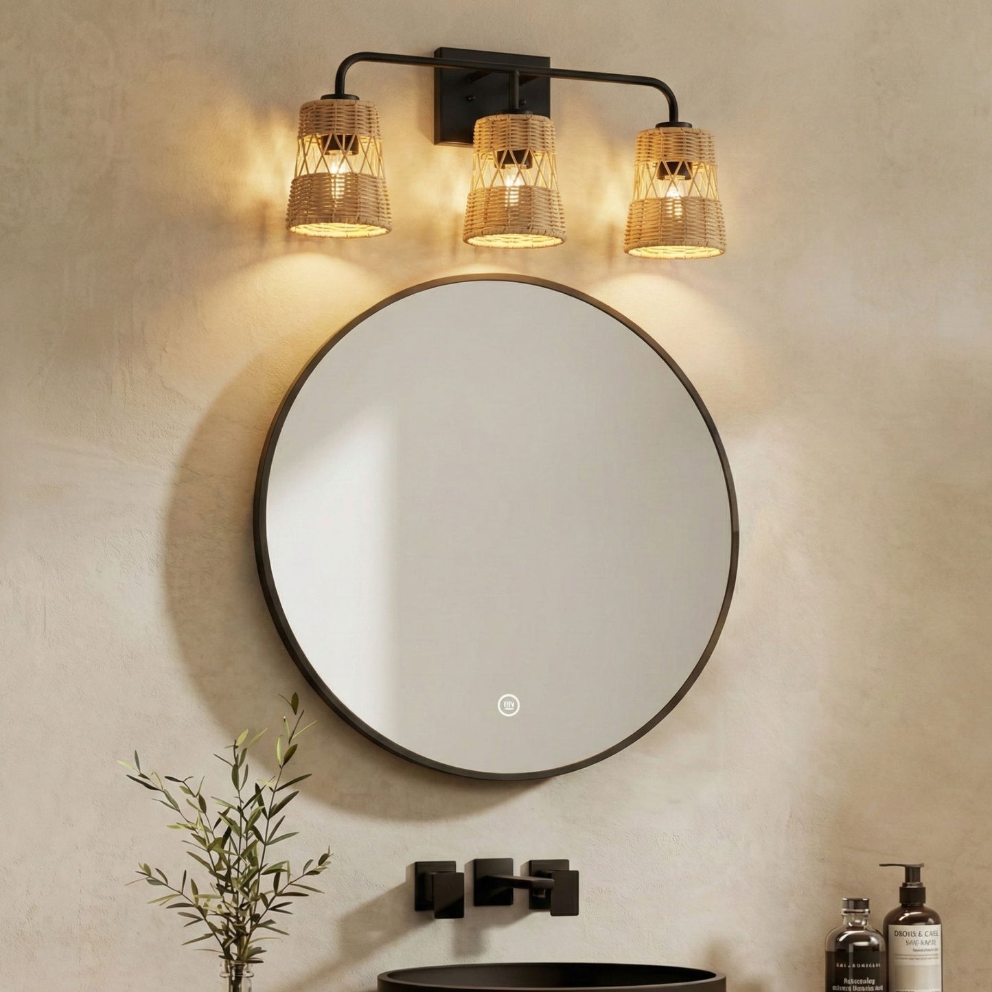 Moonlit - 3 Lights Wall Sconce With Shade, Bathroom Lighting Fixtures Over Mirror - Black / Rattan