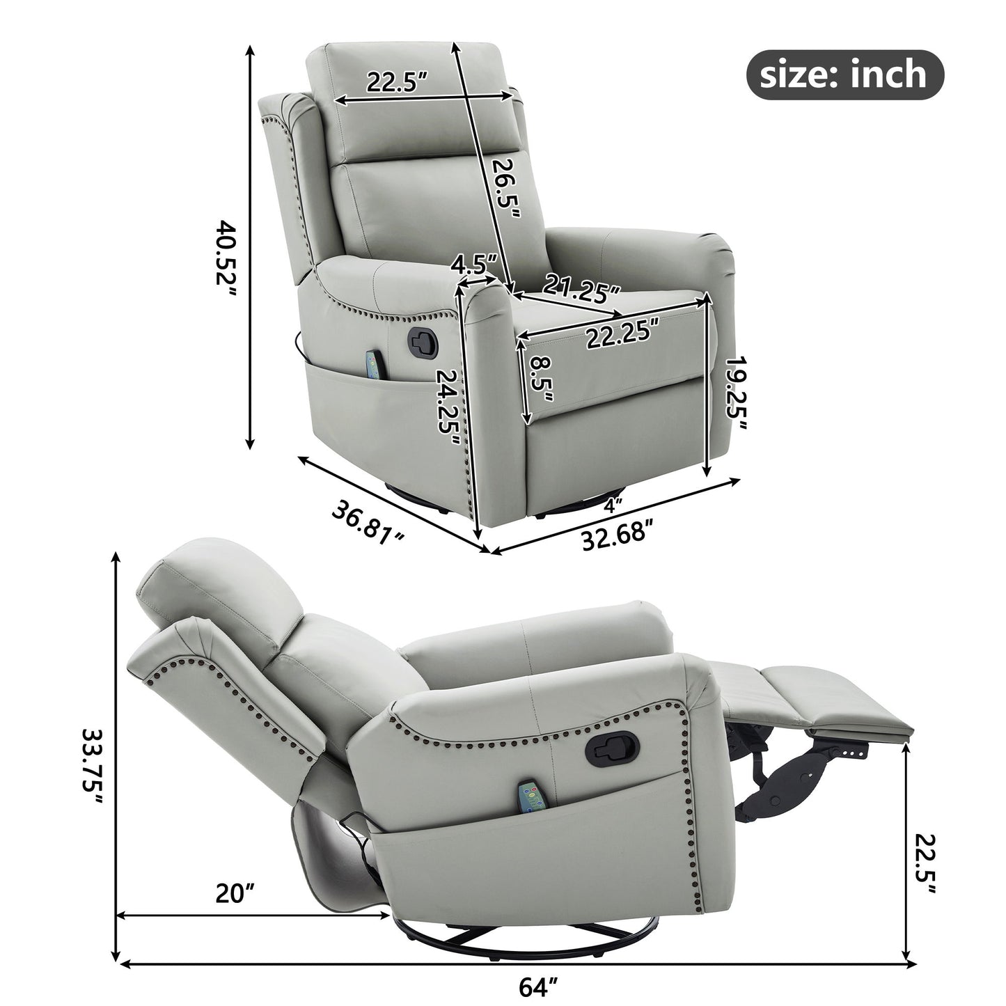 Manual Recliner Swivel Rocking Chair With 8 Point Massage And Heating