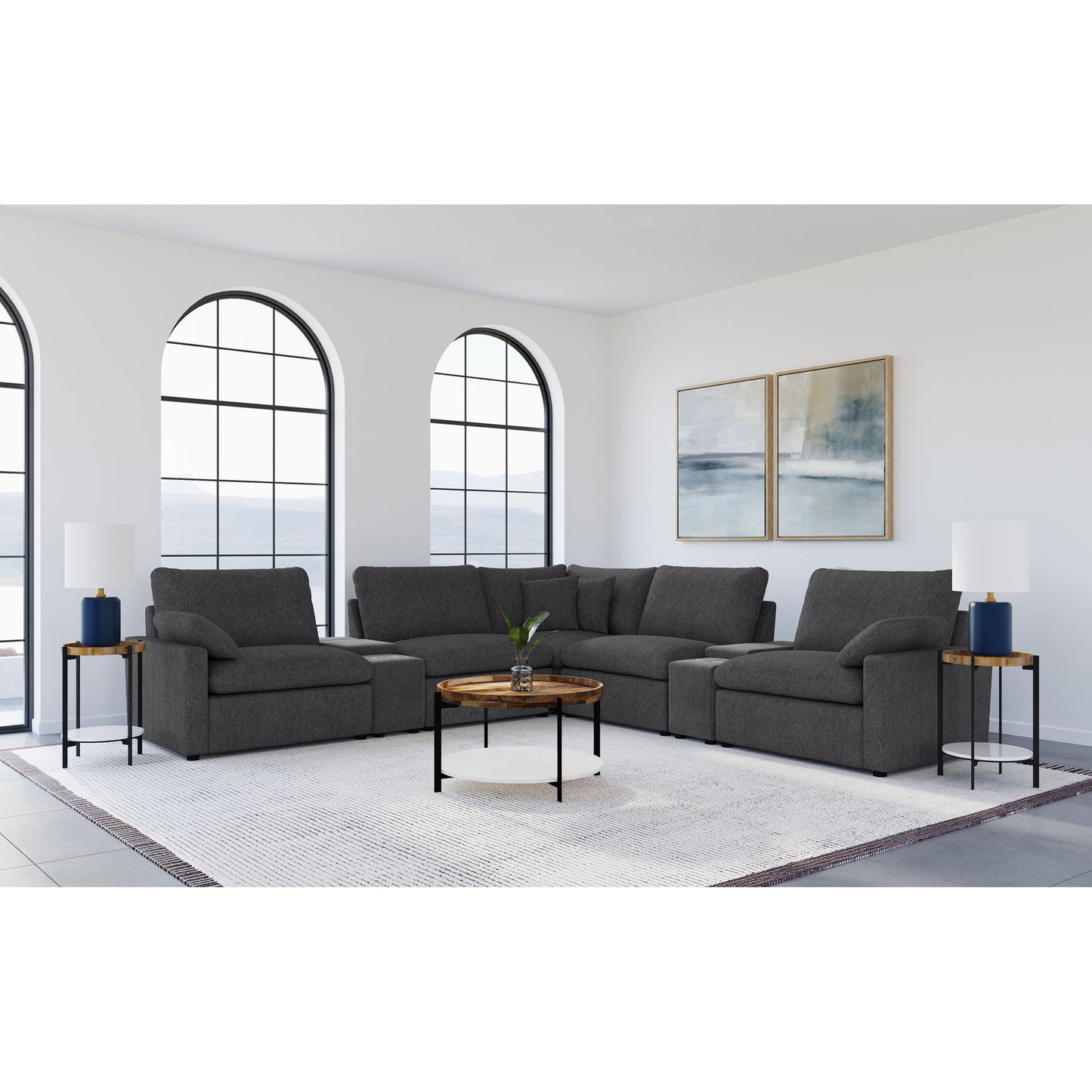 Modular Power Reclining With Lift Top Consoles, 7 Piece Configuration - Dark Gray