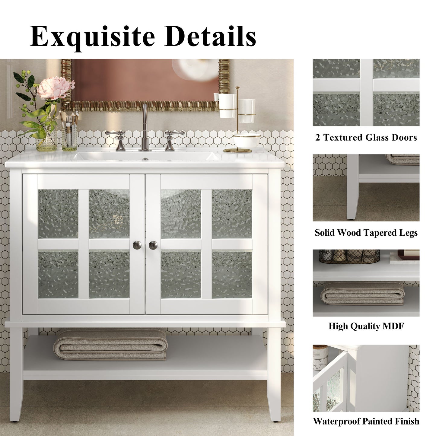 Bathroom Vanity With Ceramic Sink, Adjustable & Open Shelf